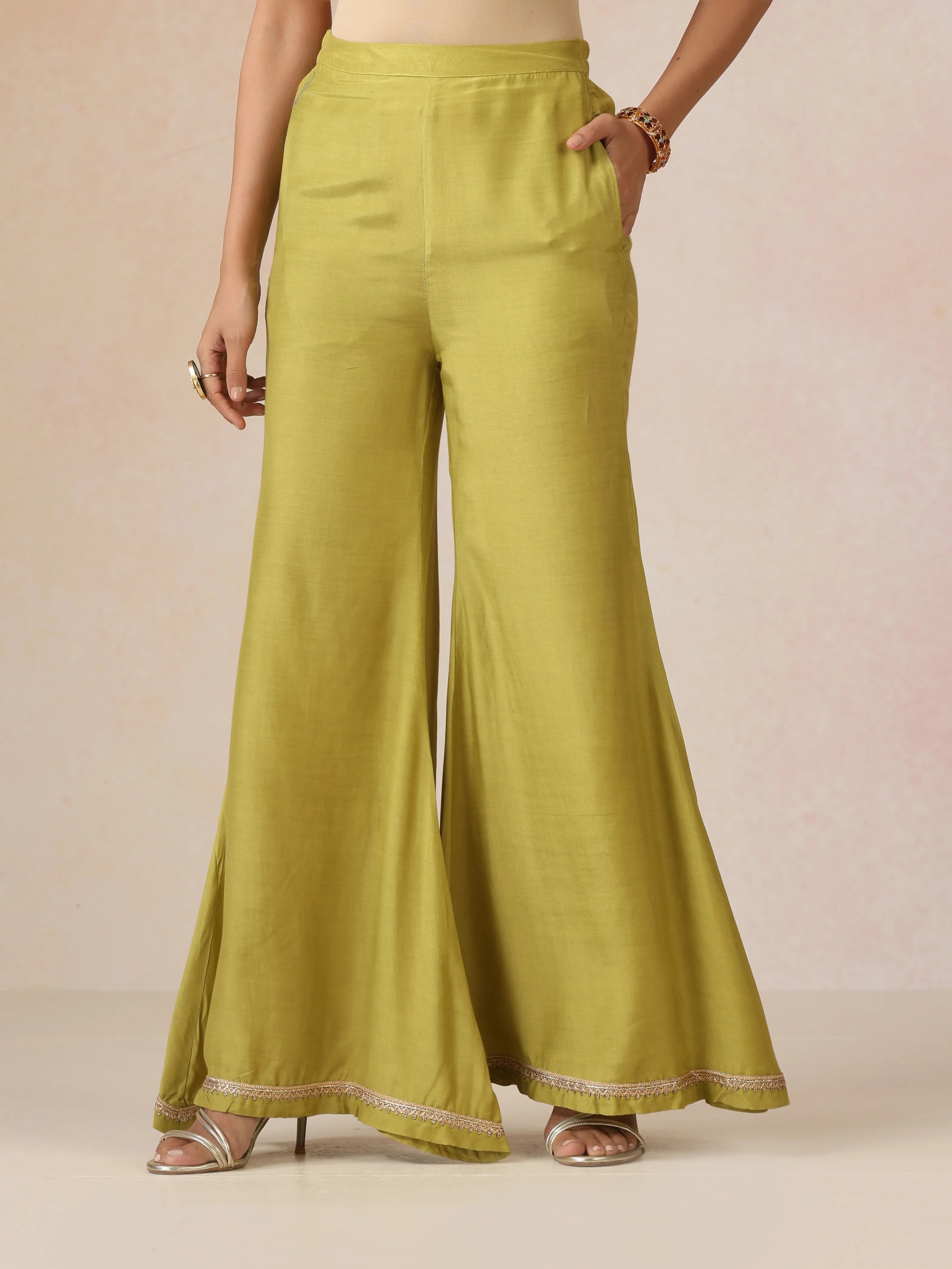 trueBrowns Light Green Pink Jaal Print Viscose Jacket and Flared Pants Co-ord Set