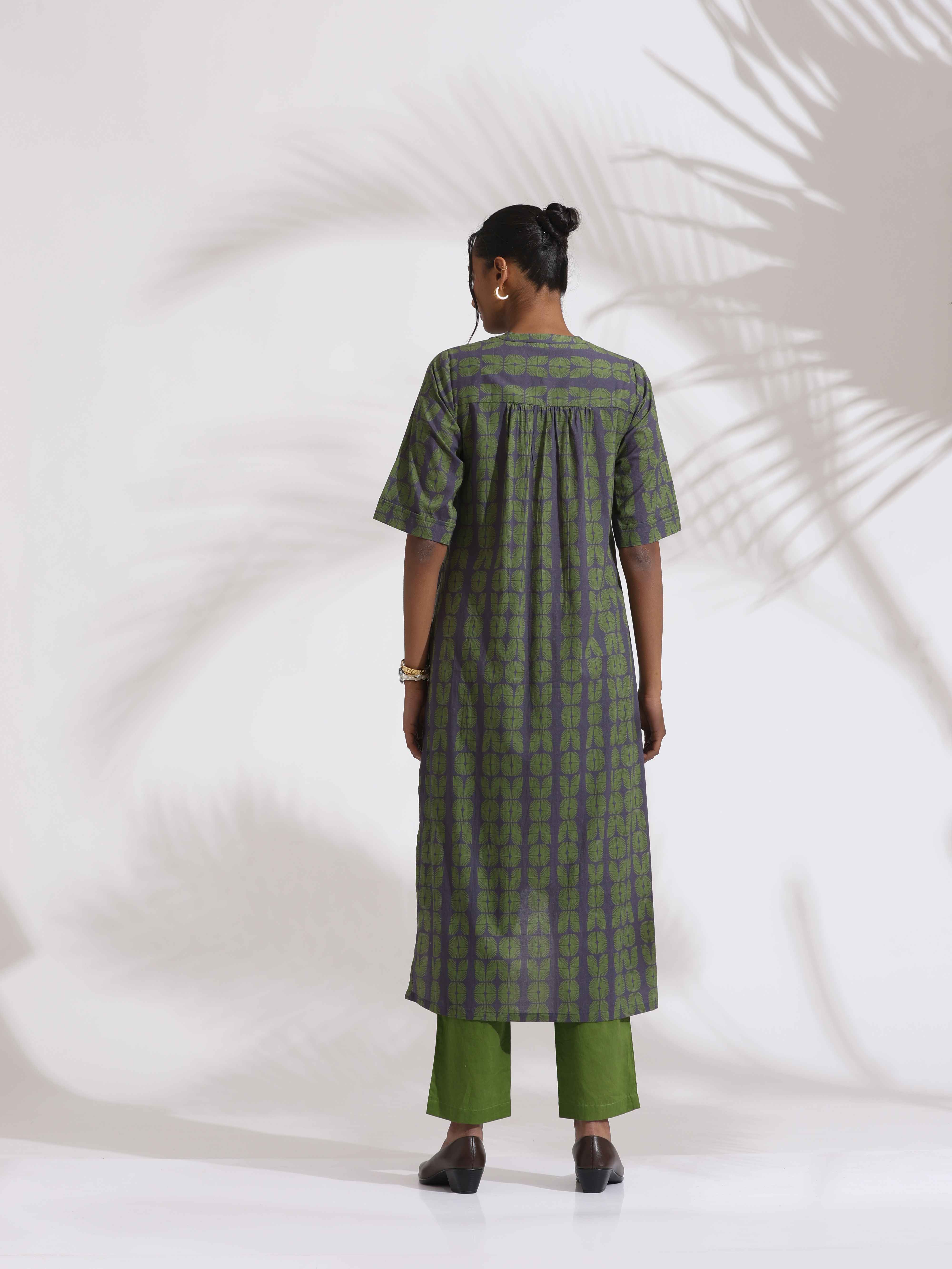 trueBrowns Grey Cotton Print Highlow Kurta Set