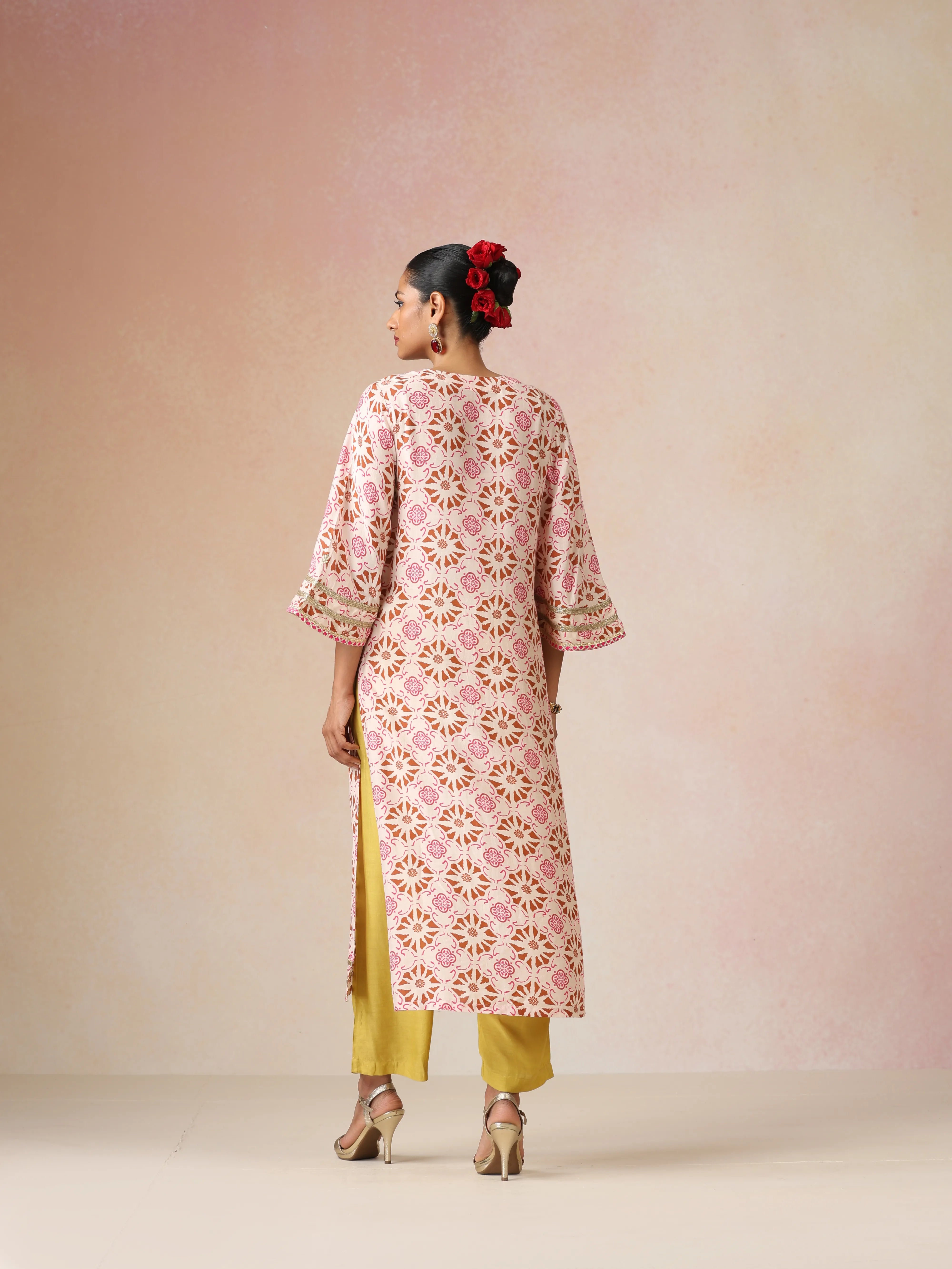 trueBrowns Ivory Brown Print Viscose Straight High-Slit Kurta Set