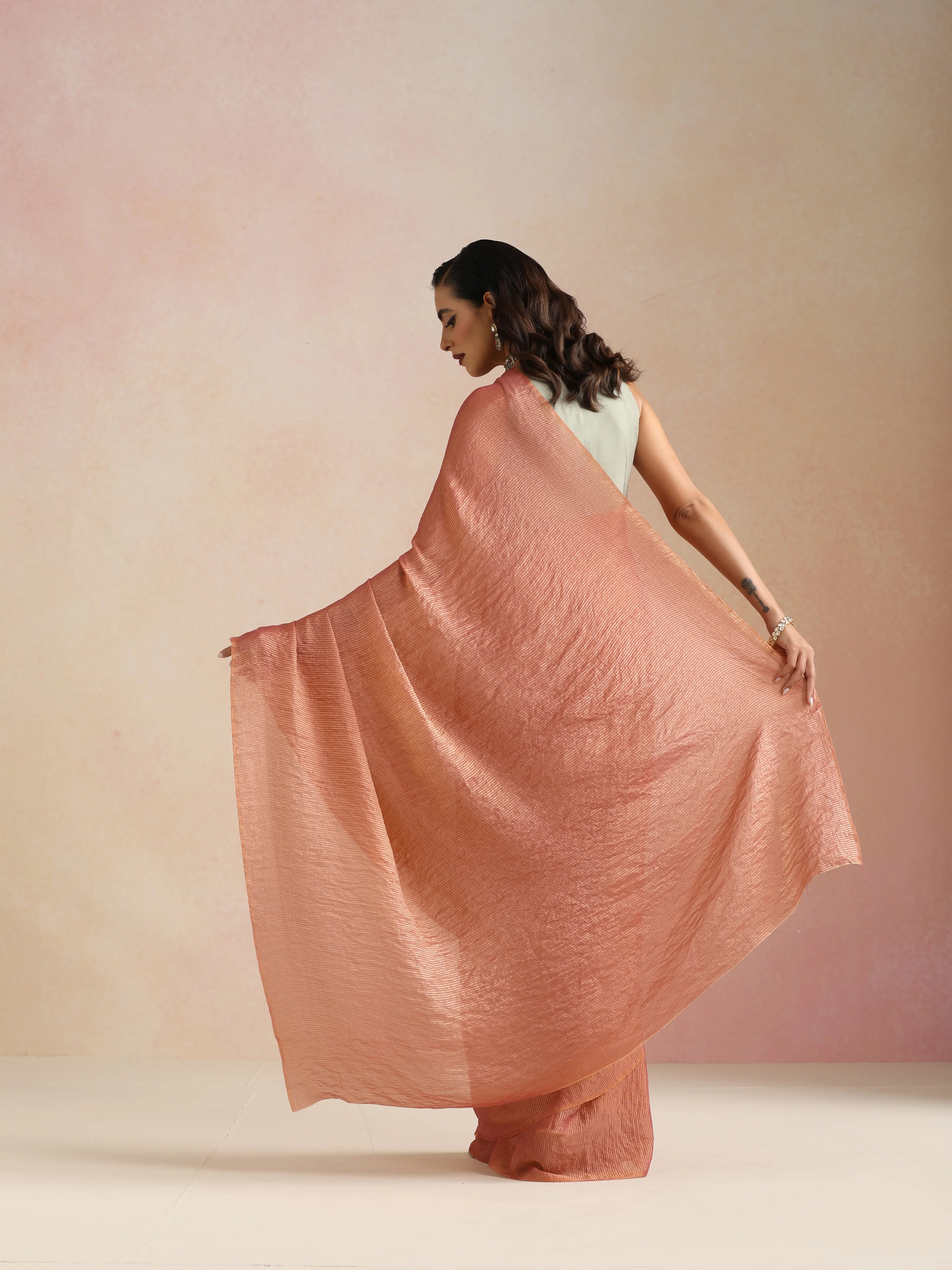 trueBrowns Pink Tissue Stripe Saree With Unstitched Blouse