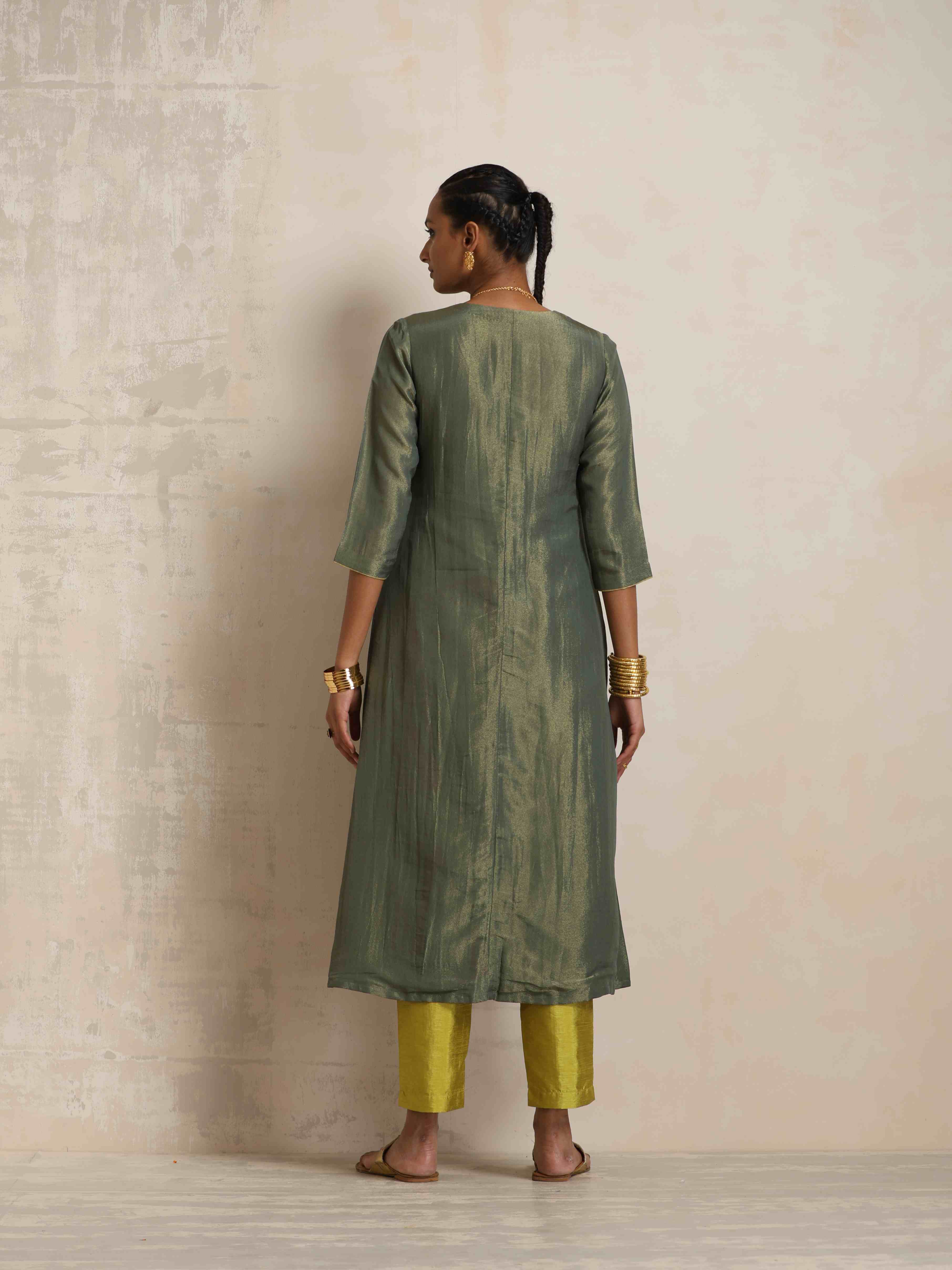trueBrowns Green Tissue A-line Kurta Set