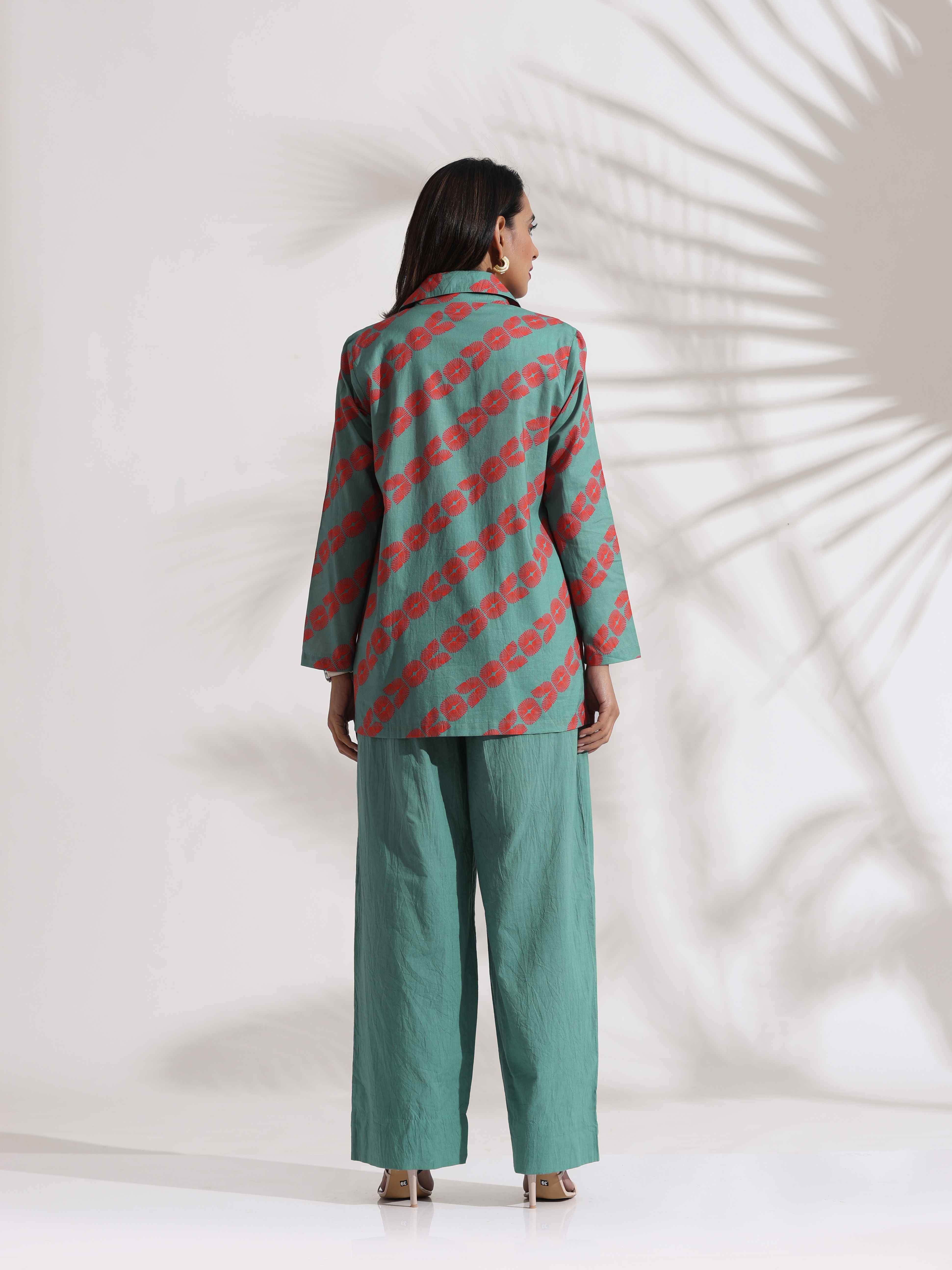 trueBrowns Green Cotton Print Jacket Top Co-ord Set