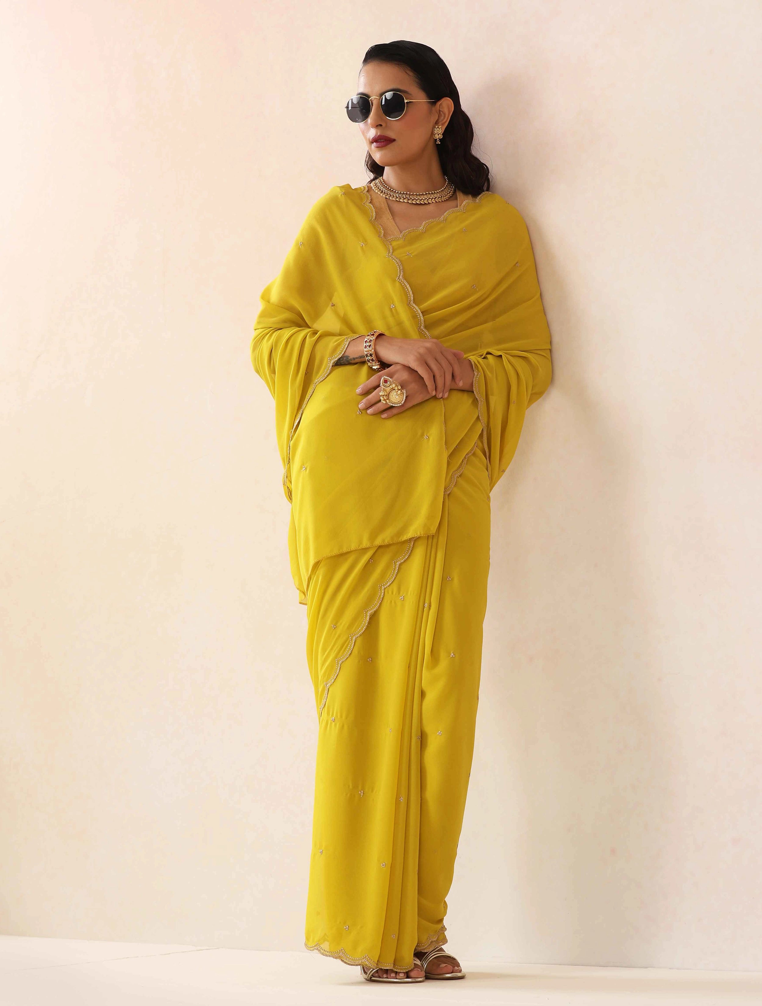 trueBrowns Lime Georgette Embroidered Saree With unstitched Blouse