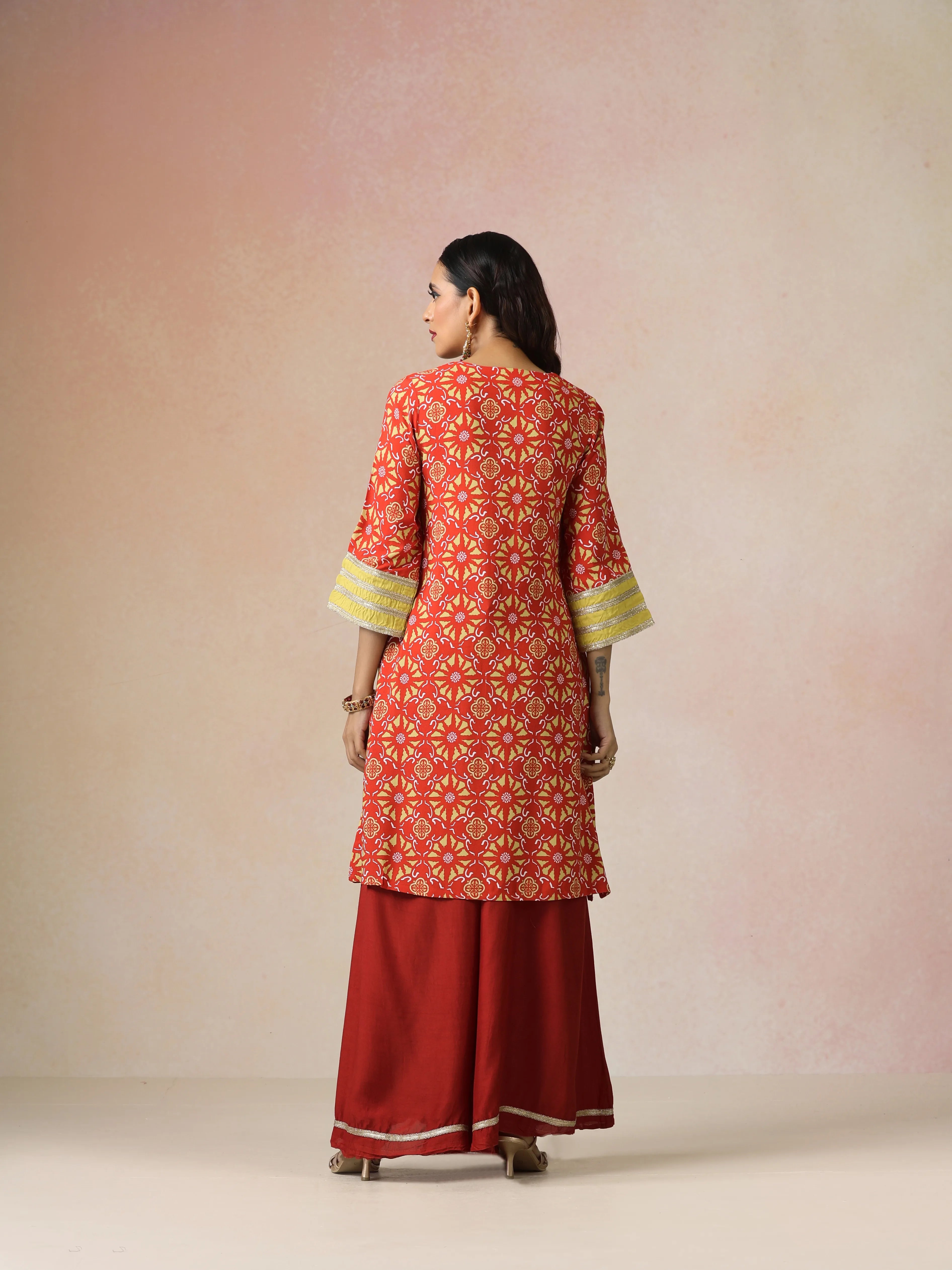 trueBrowns Red Light Green Print Viscose Kurta Sharara Set