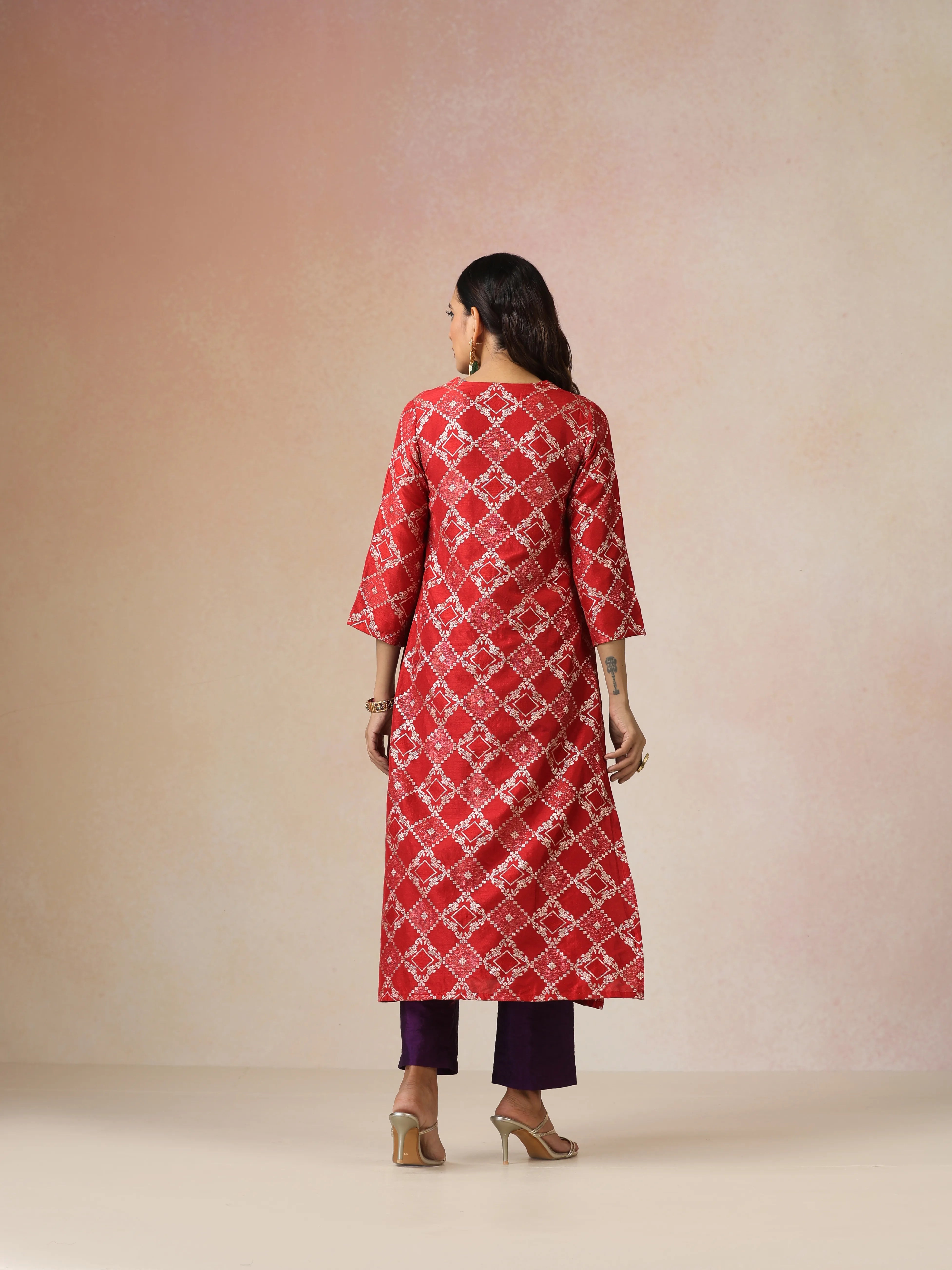 trueBrowns Red Brocade Straight High-Slit Kurta Set