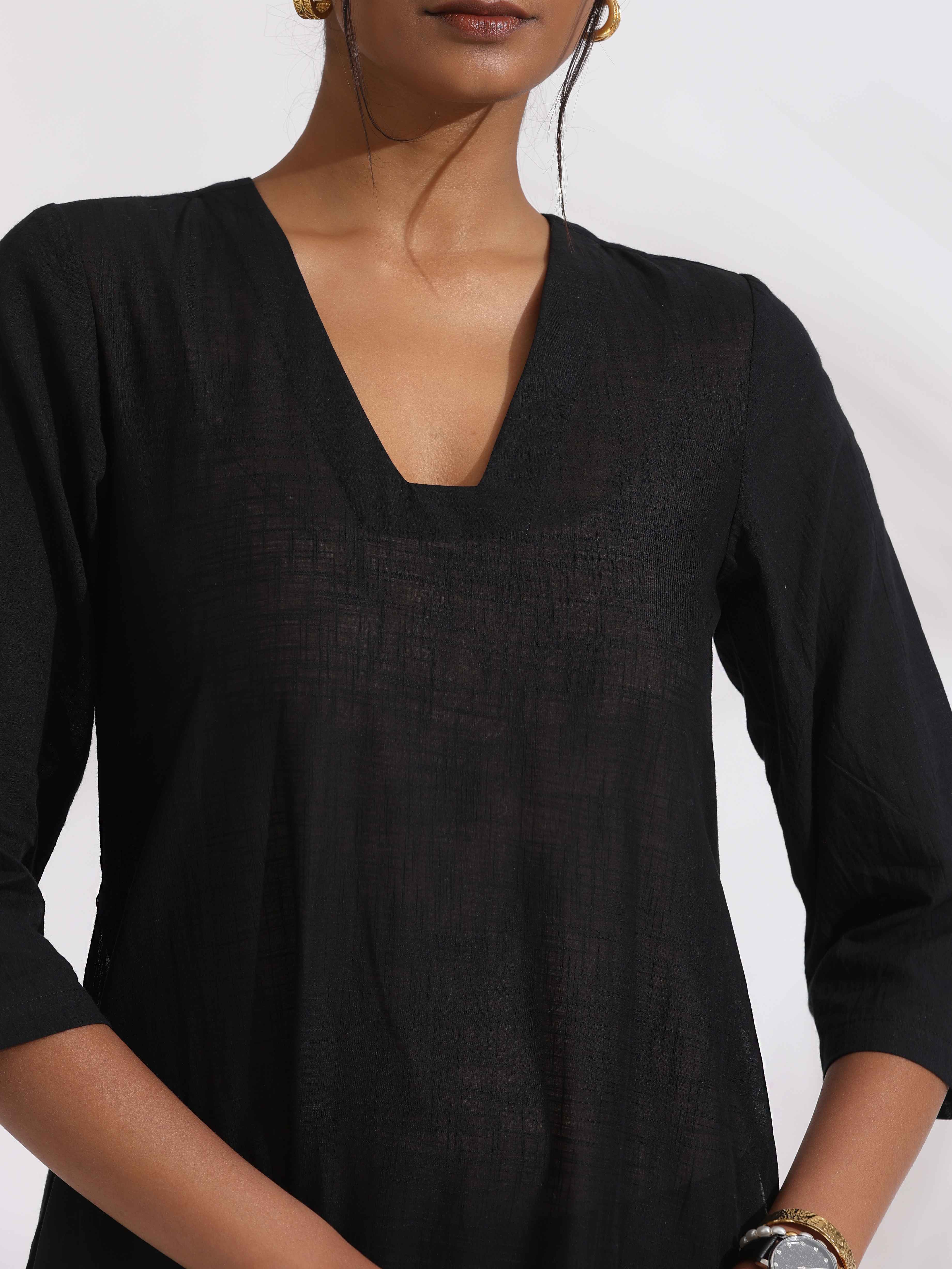 trueBrowns Black Cotton Schiffli Kurta Set