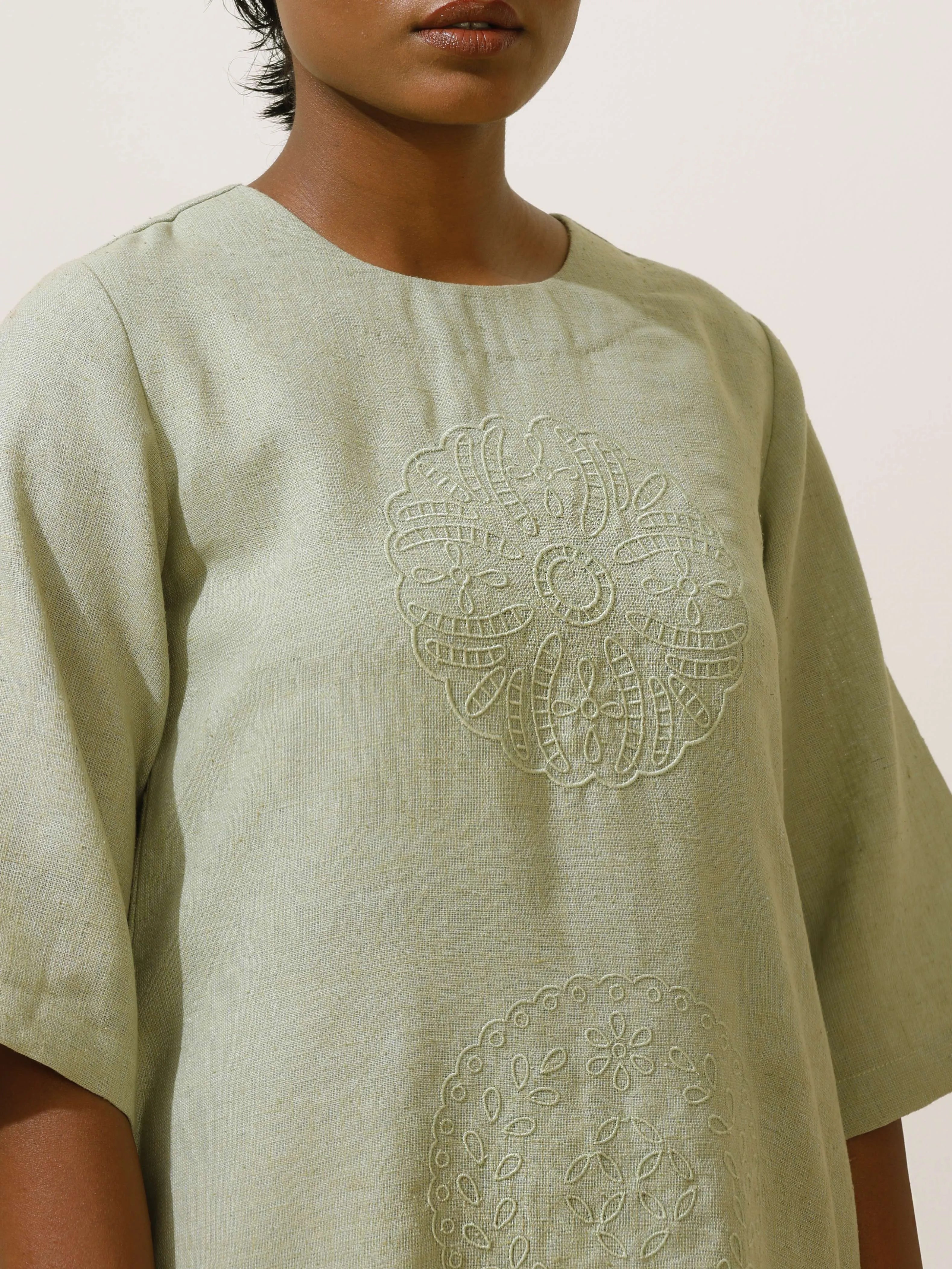 trueBrowns Patcholi Green Embroidered Natural Cotton Dress