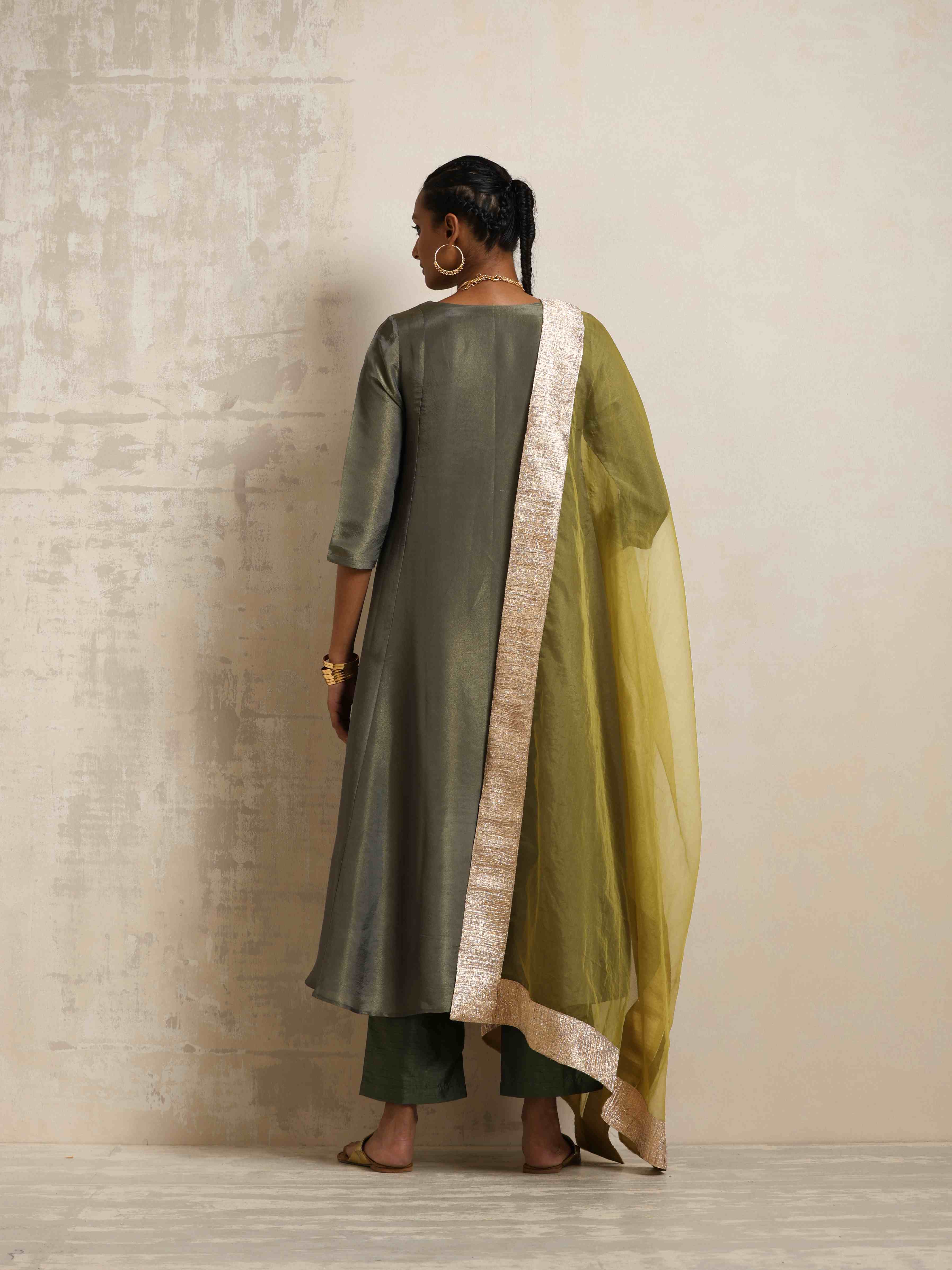 trueBrowns Green Tissue Anarkali Kurta Dupatta Set