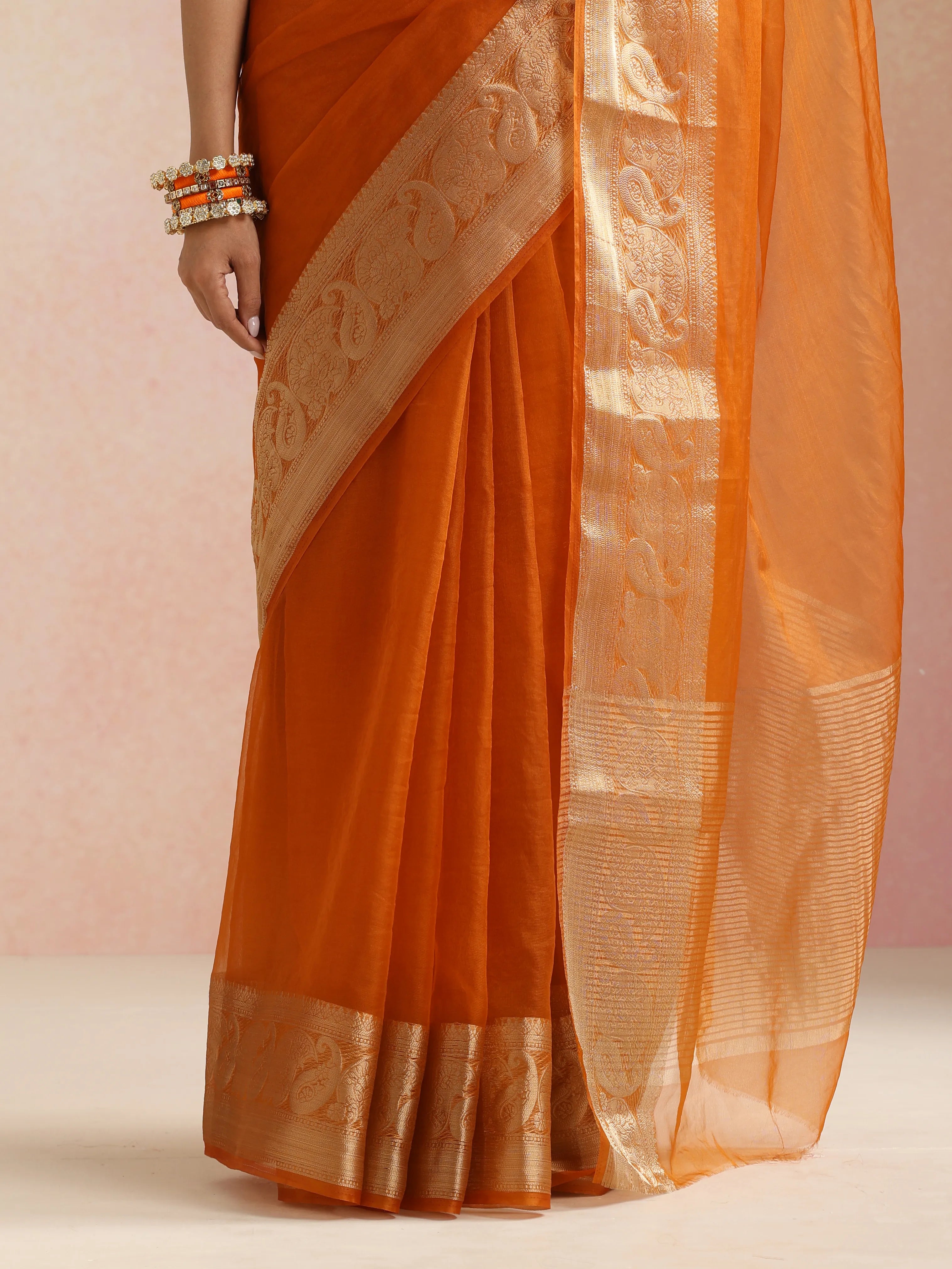 trueBrowns Rust Organza Saree With Unstitched Blouse