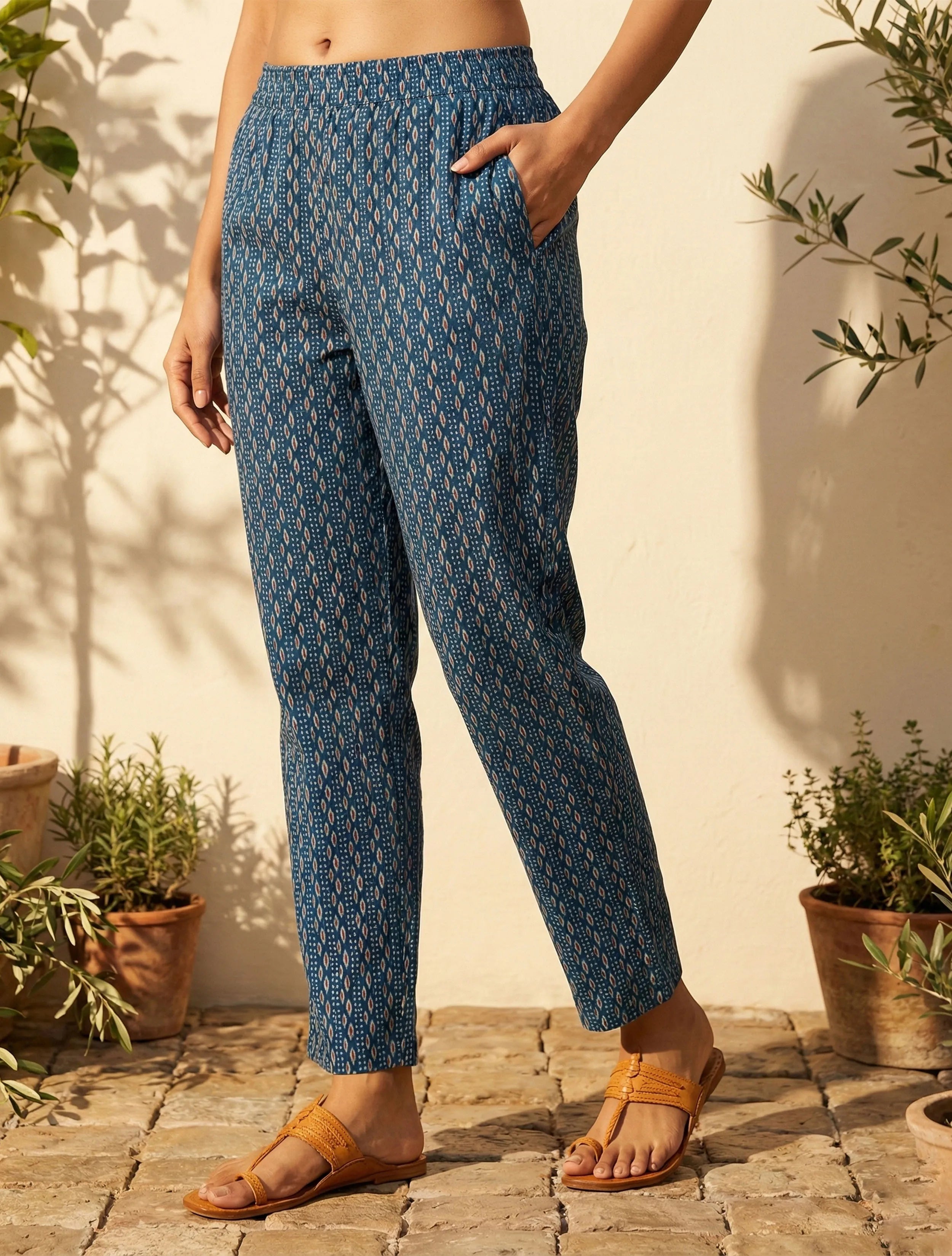 trueBrowns Blue Print Embroidered V-Neck Kurta Pant Dupatta Set