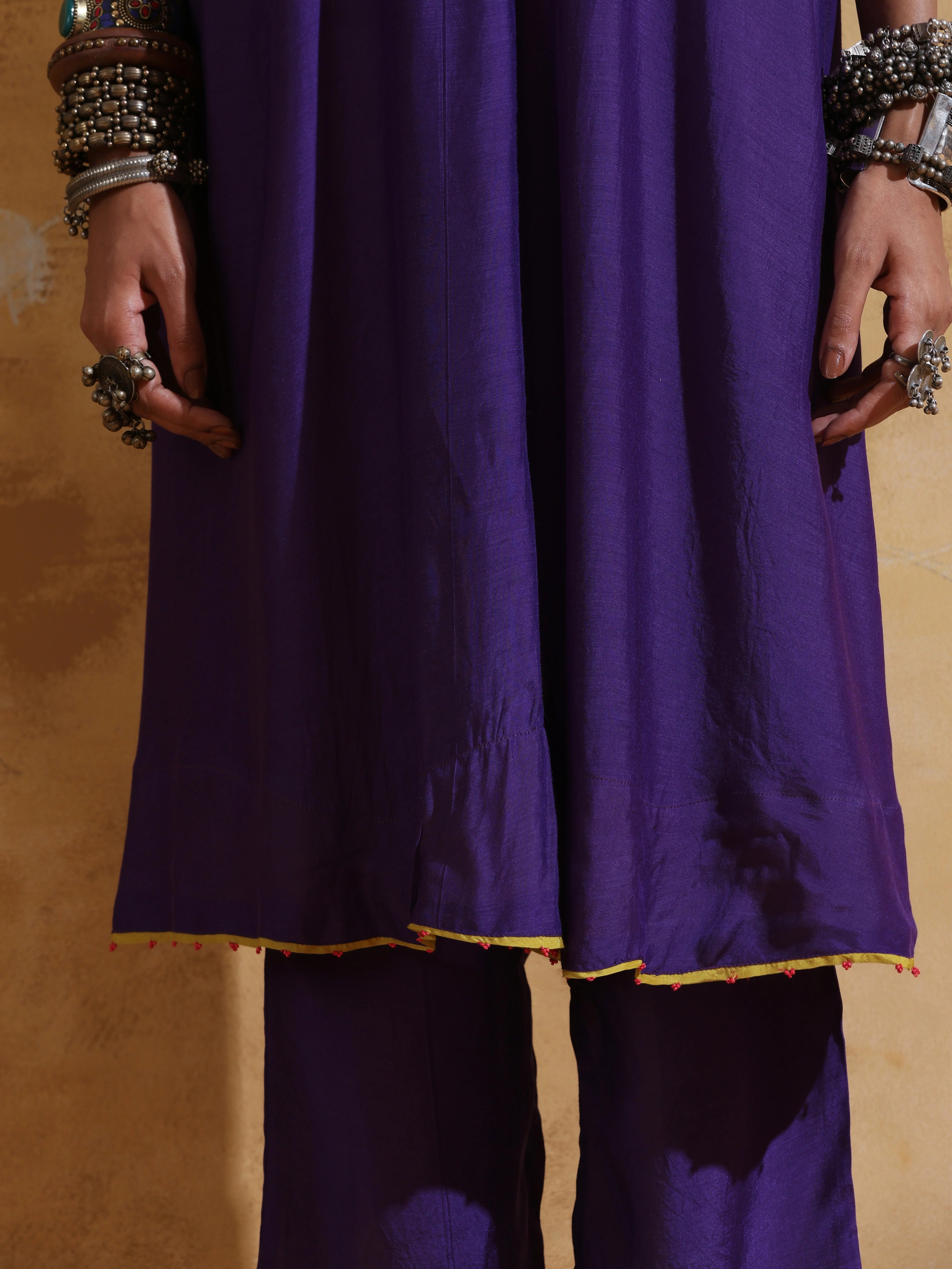 trueBrowns Purple Muslin Silk Flared Kurta Pant Set