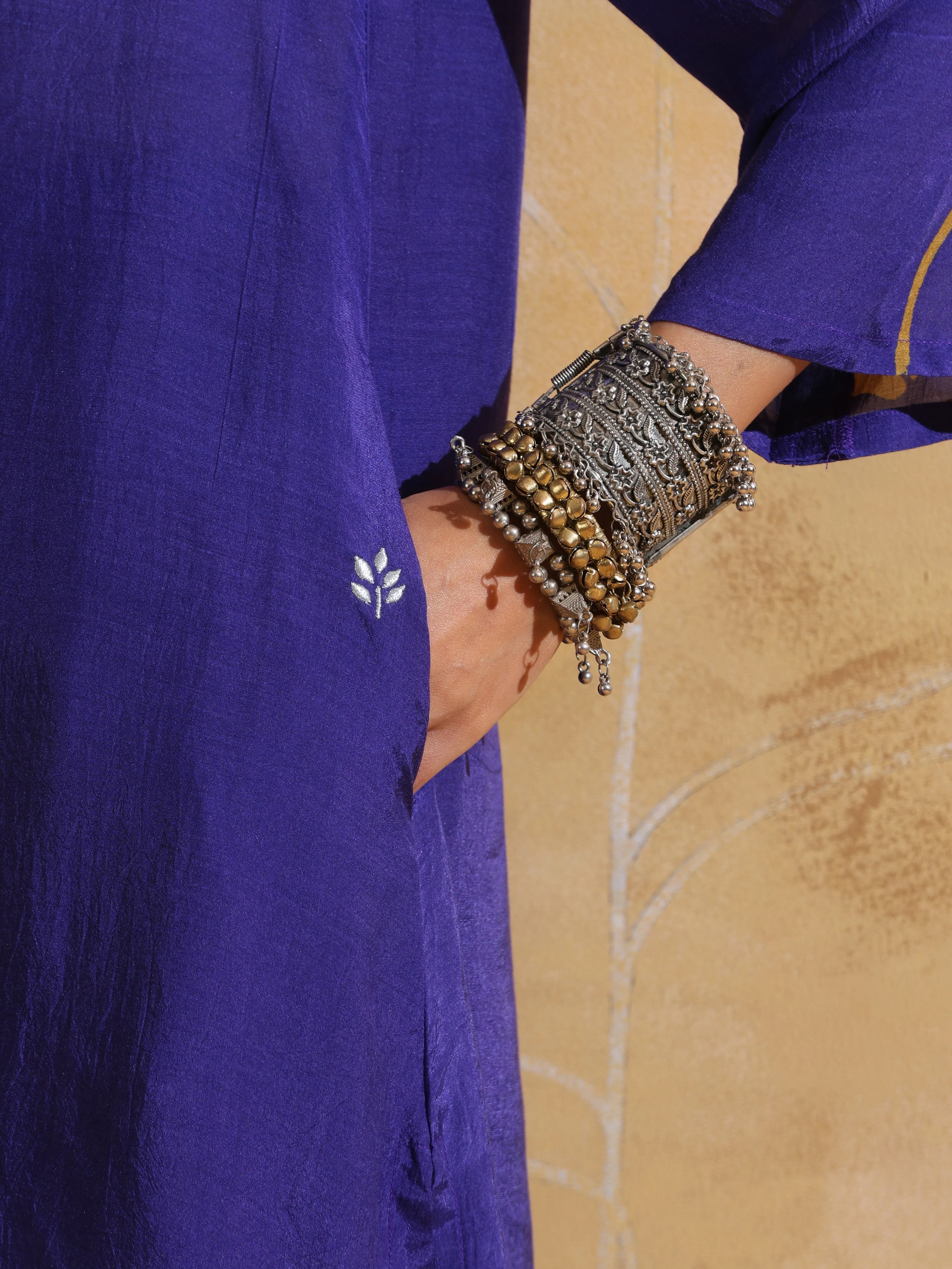 trueBrowns Purple Mustard Floral Print Muslin Silk A-line Kurta Co-ord Set