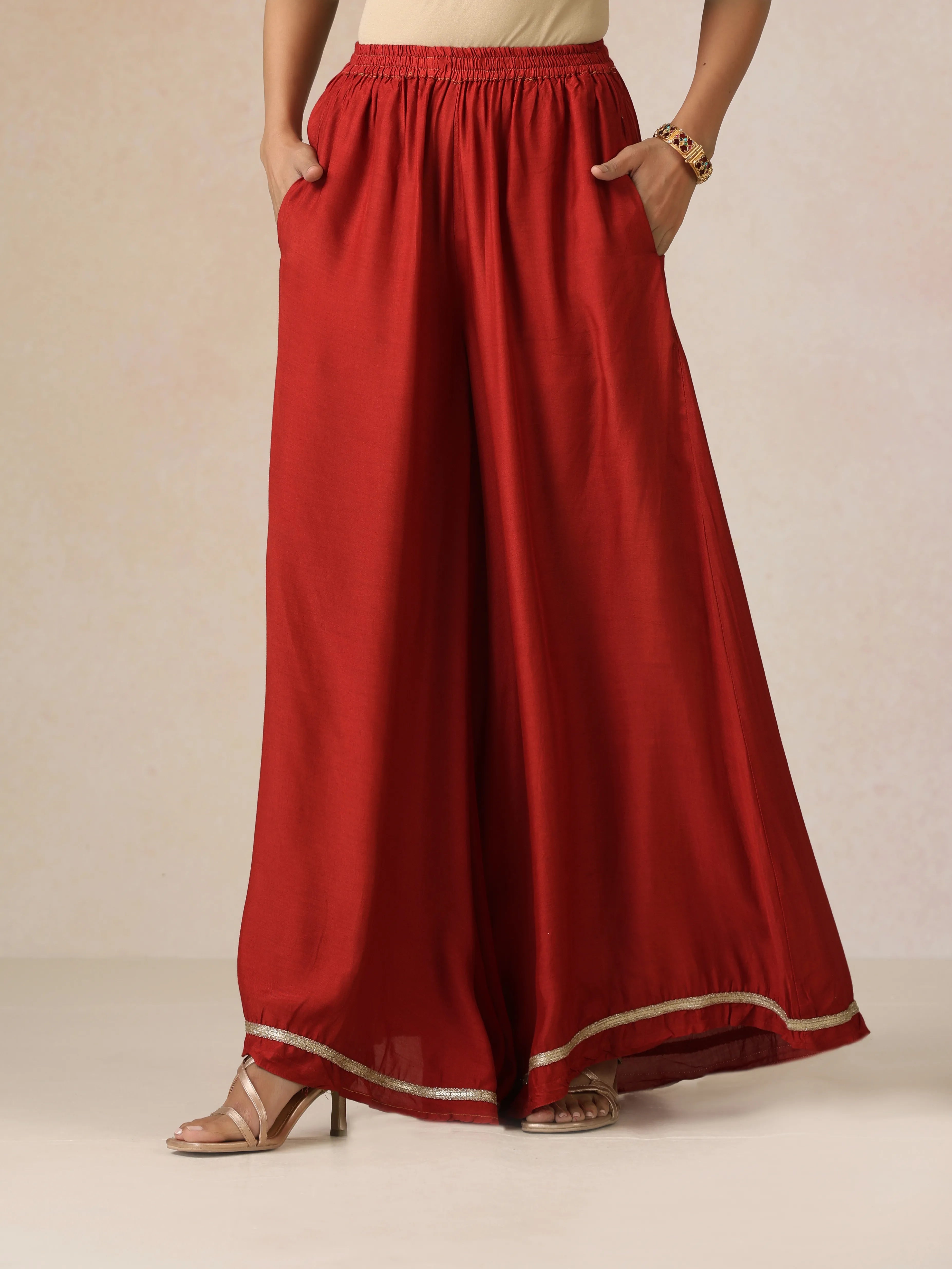 trueBrowns Red Light Green Print Viscose Kurta Sharara Set