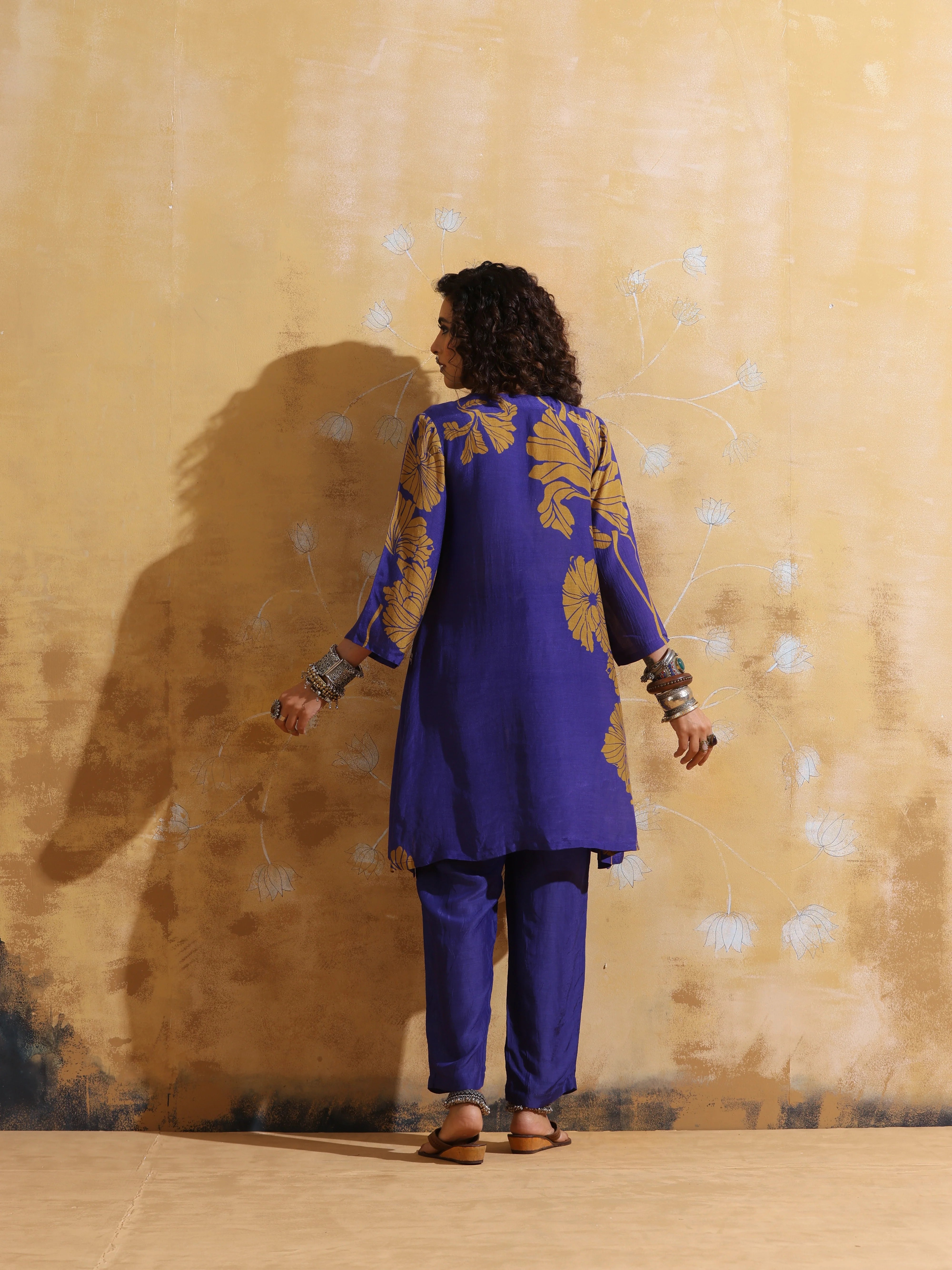 trueBrowns Purple Mustard Floral Print Muslin Silk A-line Kurta Co-ord Set