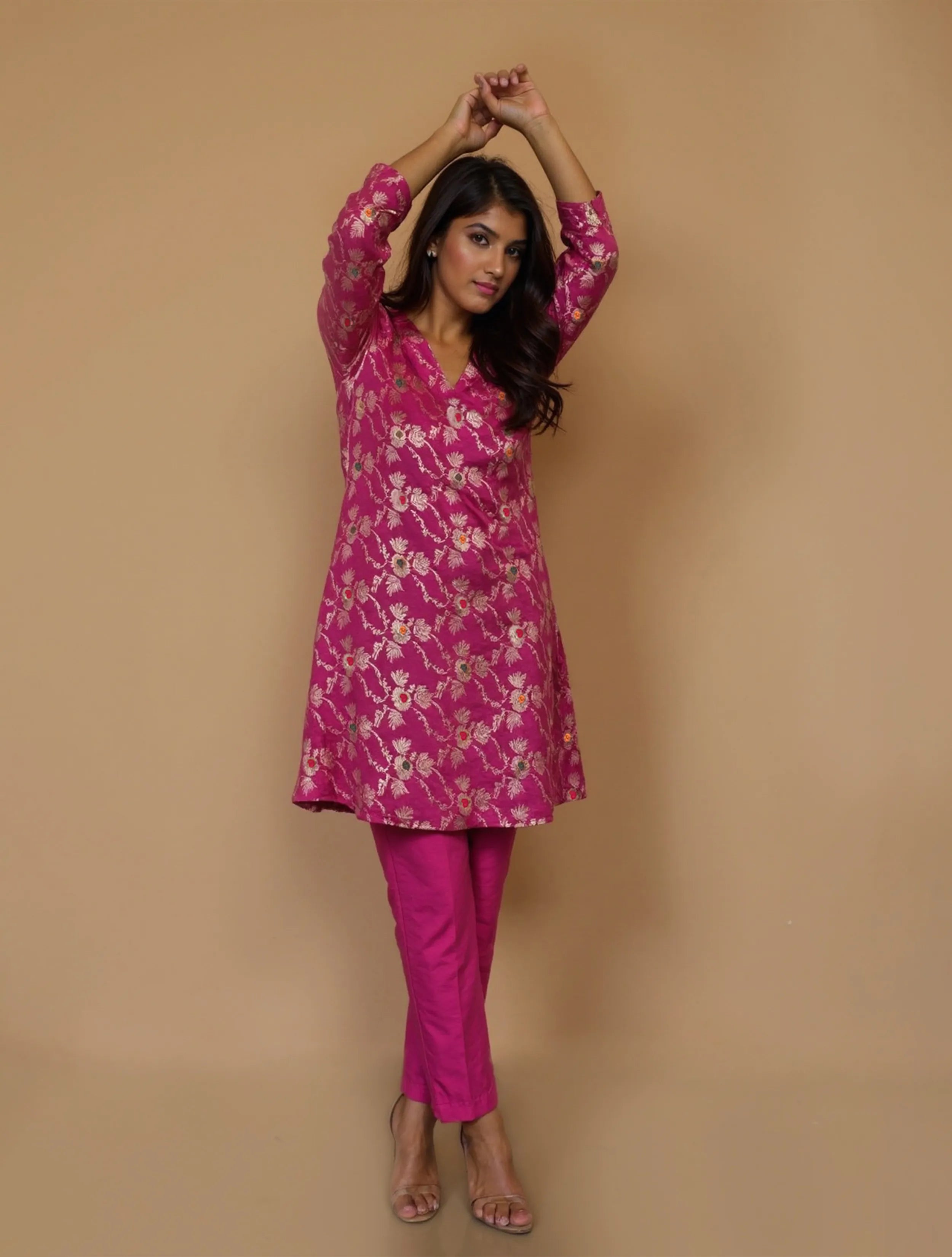 trueBrowns Pink Brocade A-Line Kurta Co-Ord Pants Set