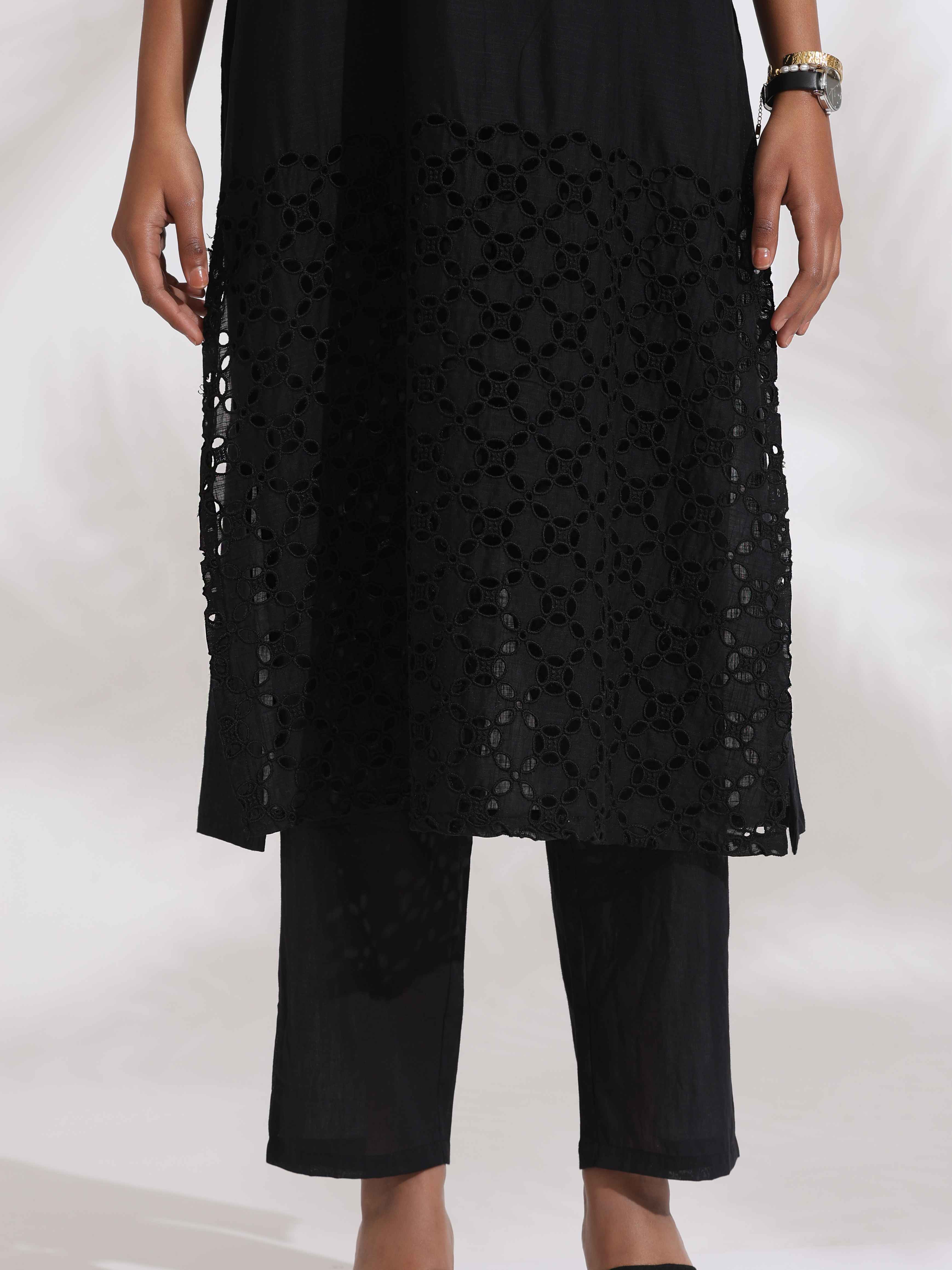 trueBrowns Black Cotton Schiffli Kurta Set