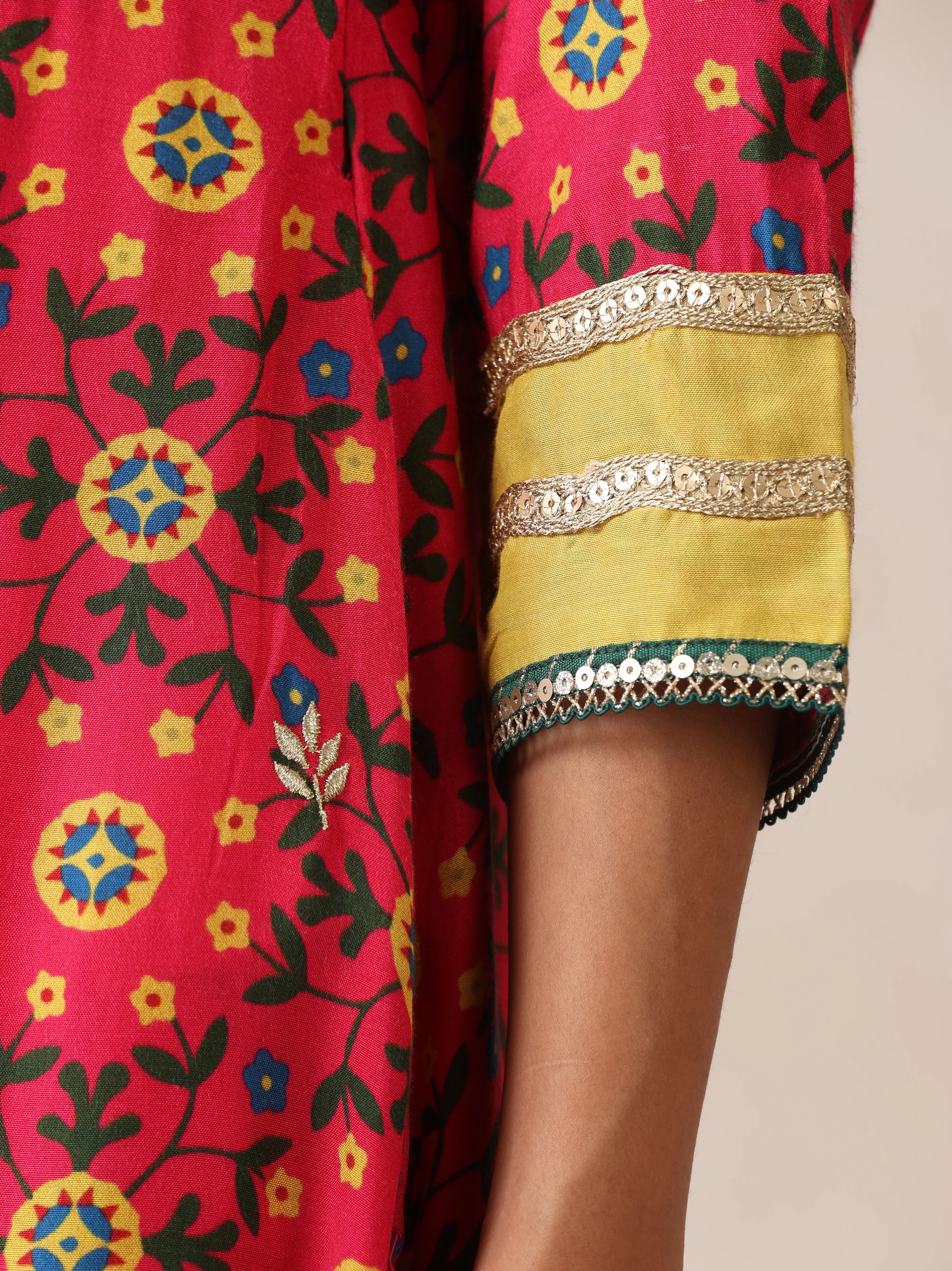 trueBrowns Pink Green Floral Print Viscose Anarkali Kurta Pants Dupatta Set