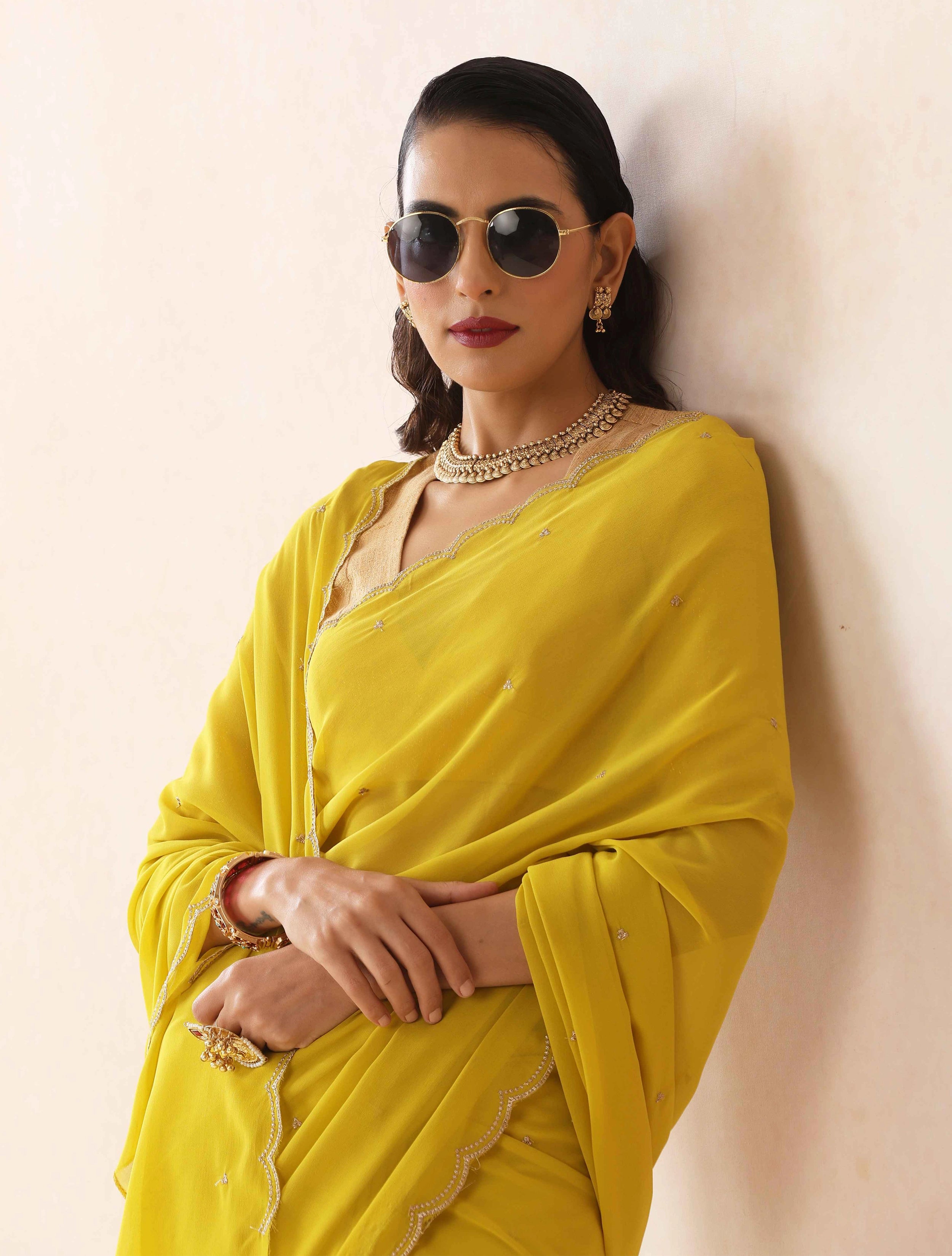 trueBrowns Lime Georgette Embroidered Saree With unstitched Blouse