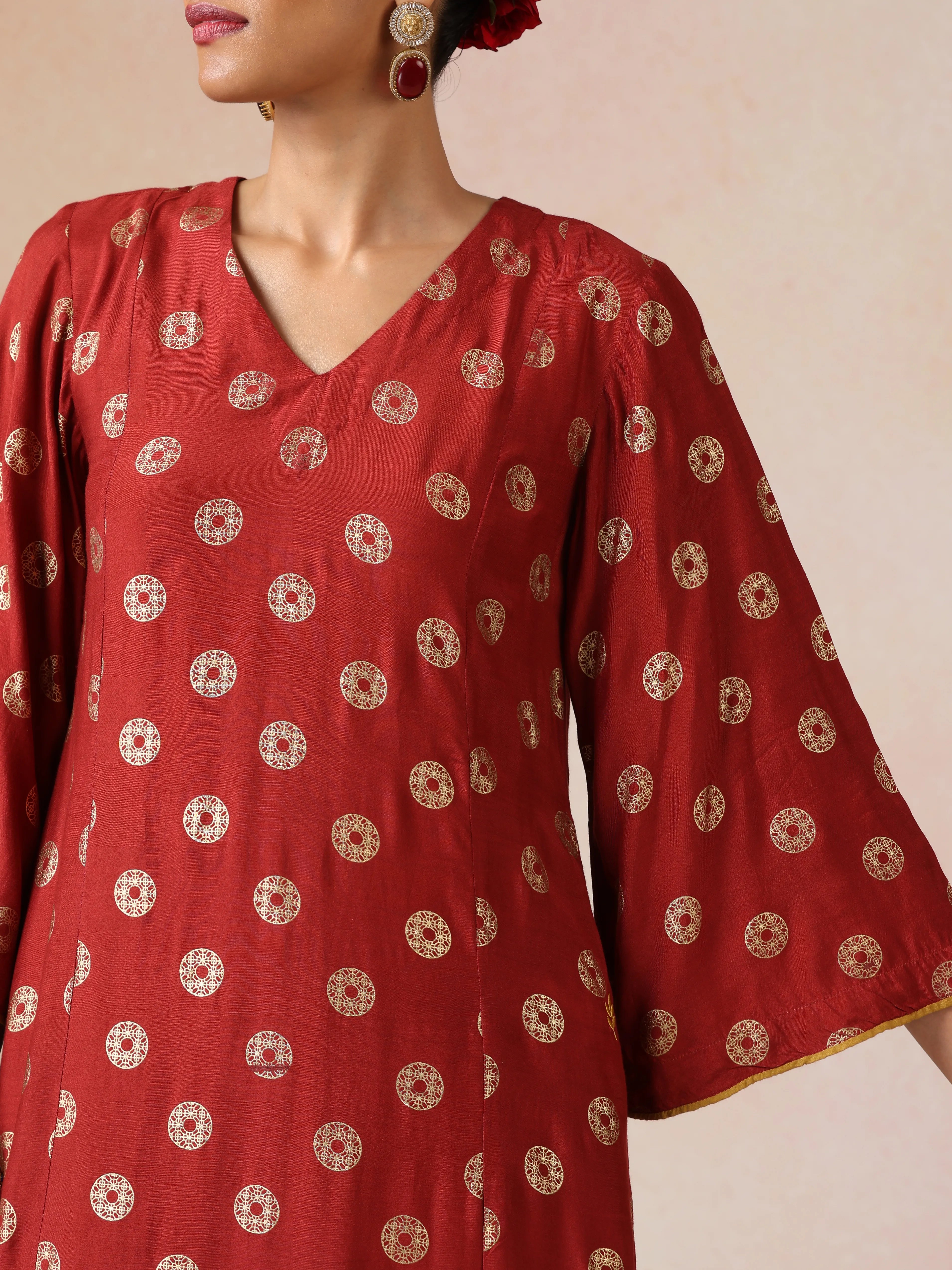 trueBrowns Red Gold Foil Print Muslin Silk A-line Kurta Set