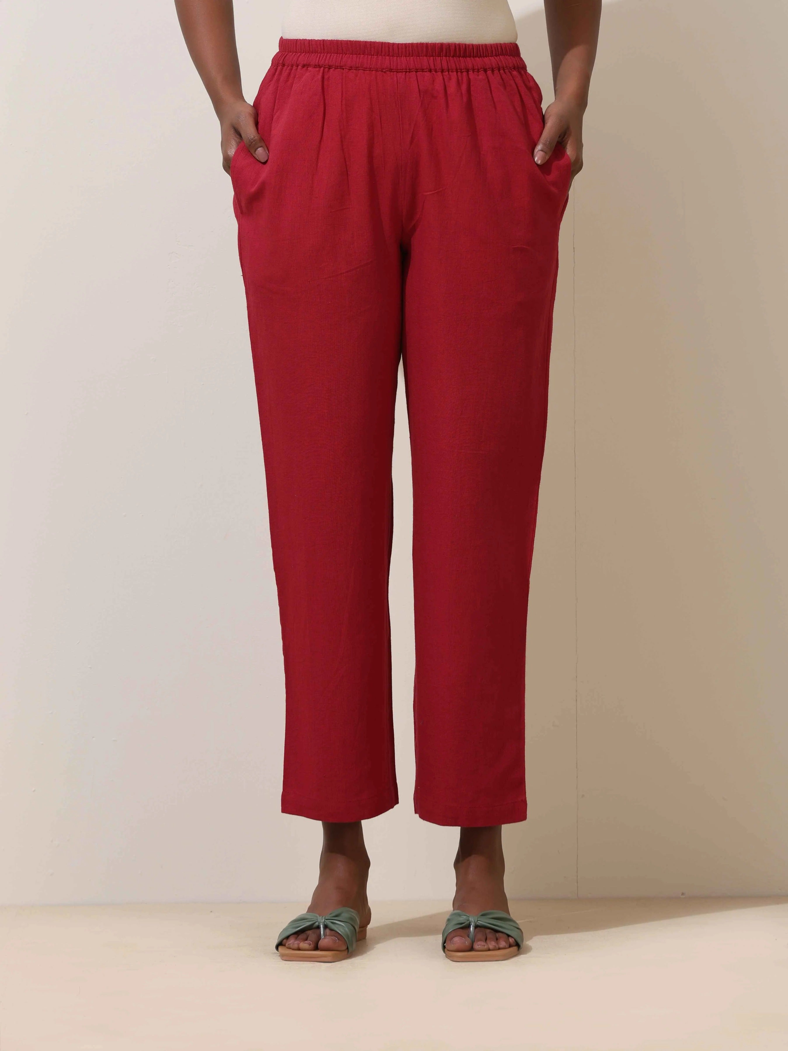 trueBrowns Maroon Cotton Linen Kurta Co-Ord Set