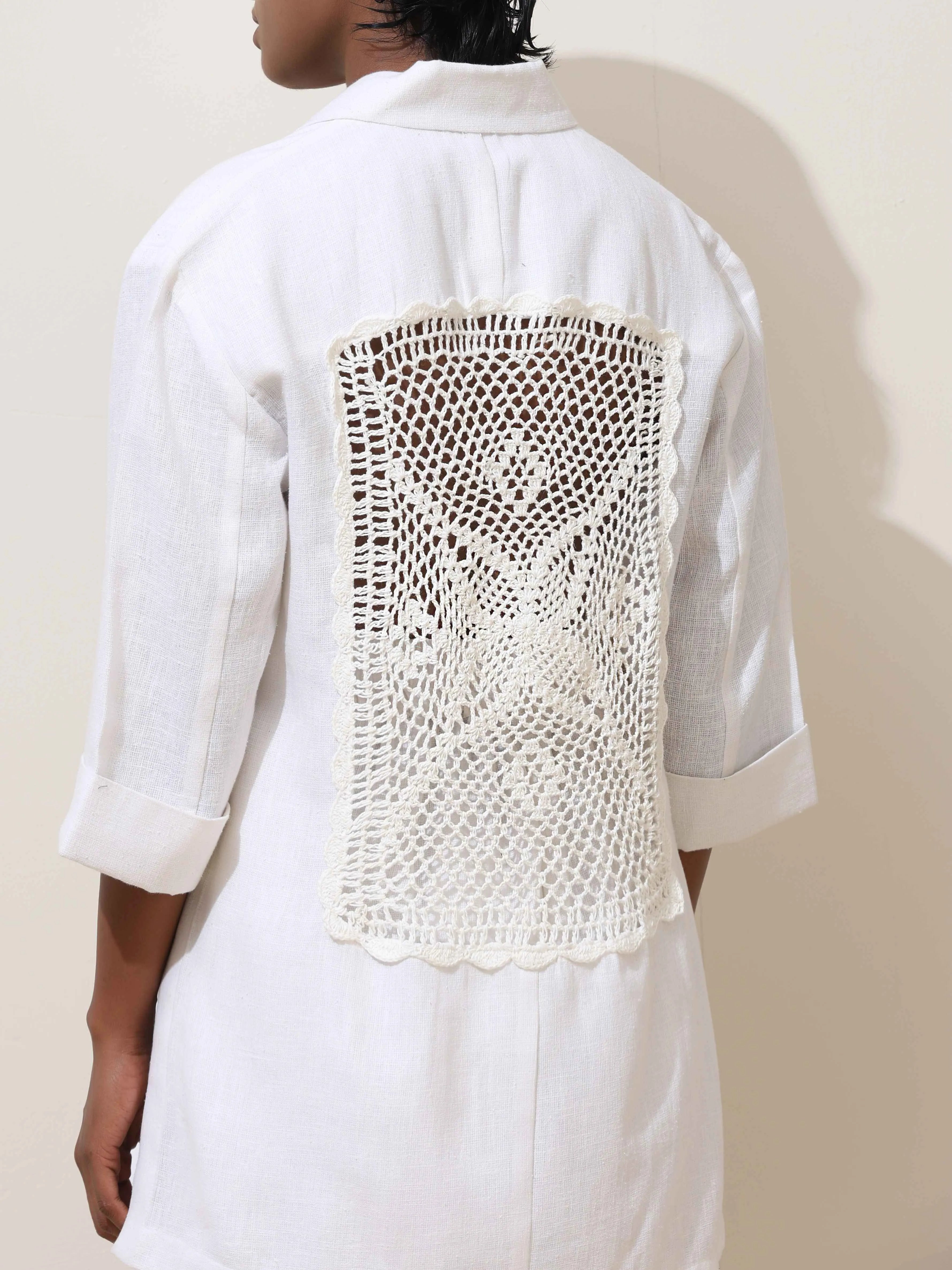 trueBrowns Indus White Crochet Natural Cotton Blazer Co-ord Set