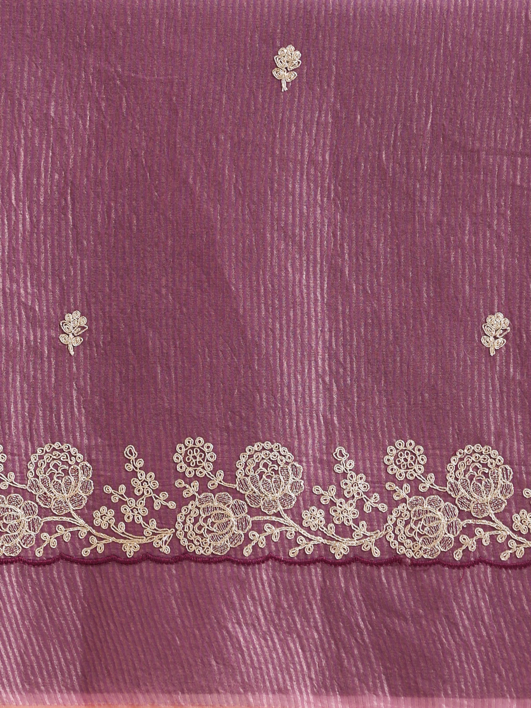 trueBrowns Purple Tissue Stripe Embroidery Weave Saree With Unstitched Blouse