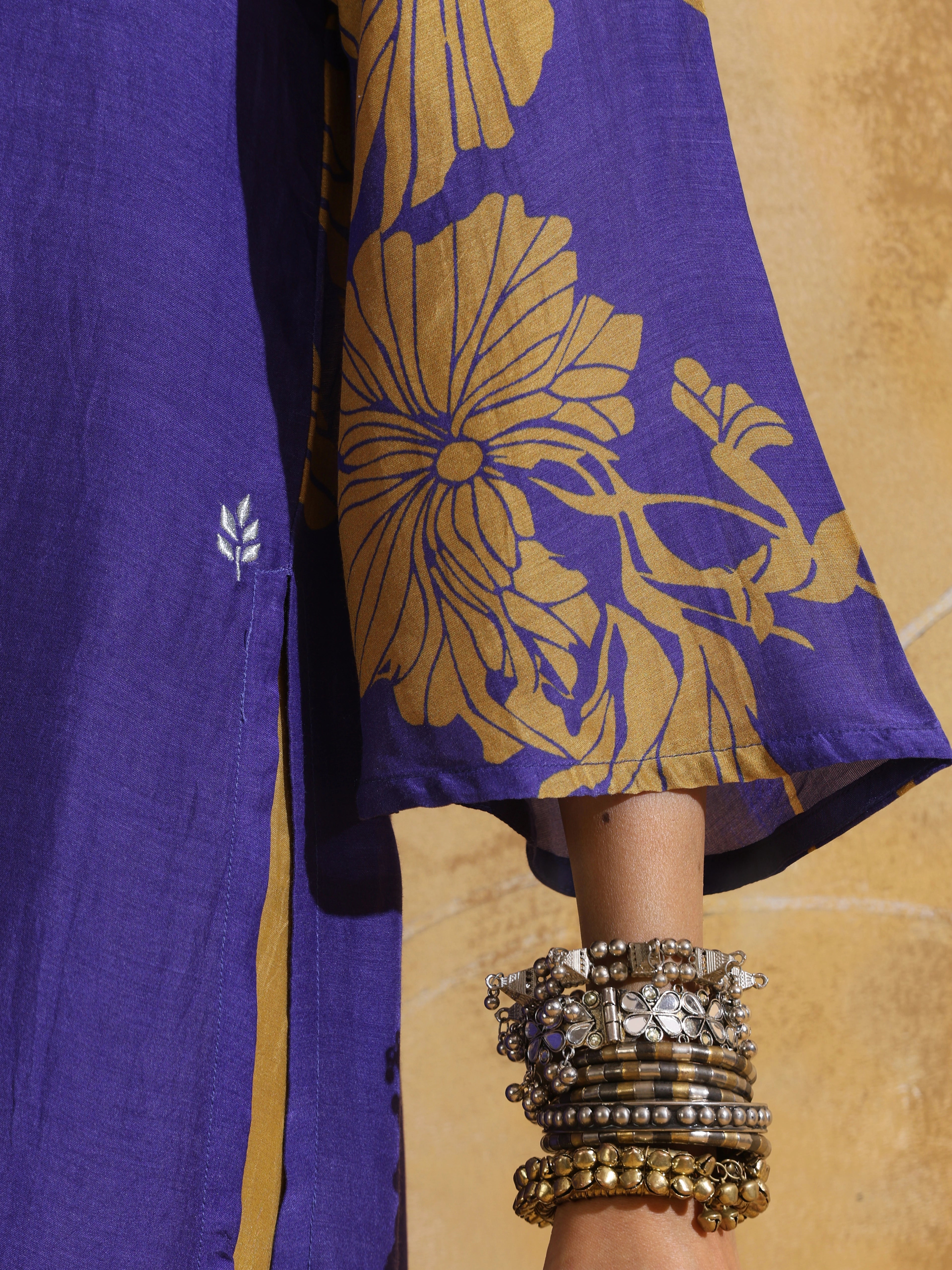 trueBrowns Purple Mustard Floral Print Muslin Silk High-Slit Kurta Set