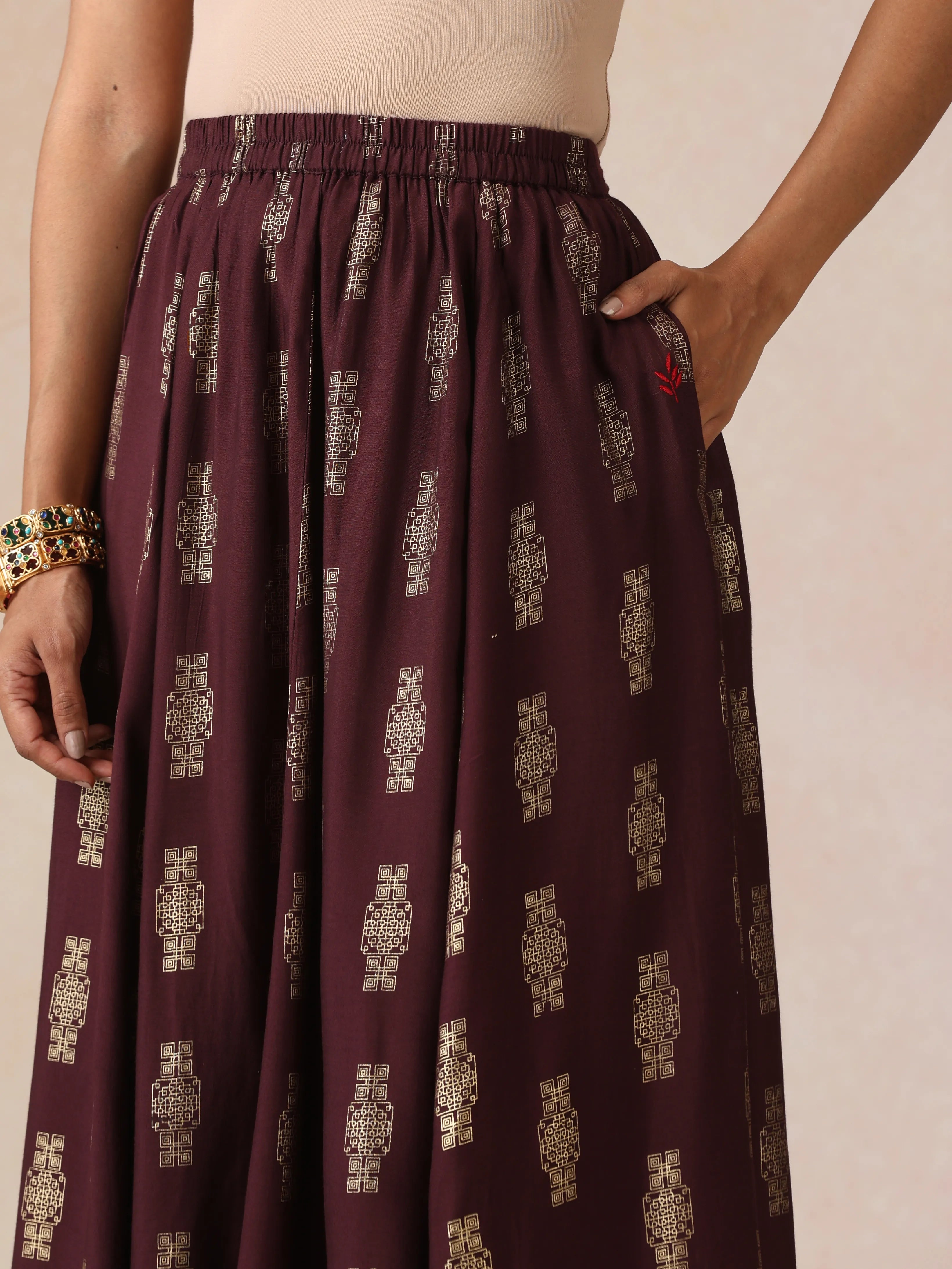 trueBrowns Cola Gold Foil Print Muslin Silk Jacket Skirt Co-ord Set