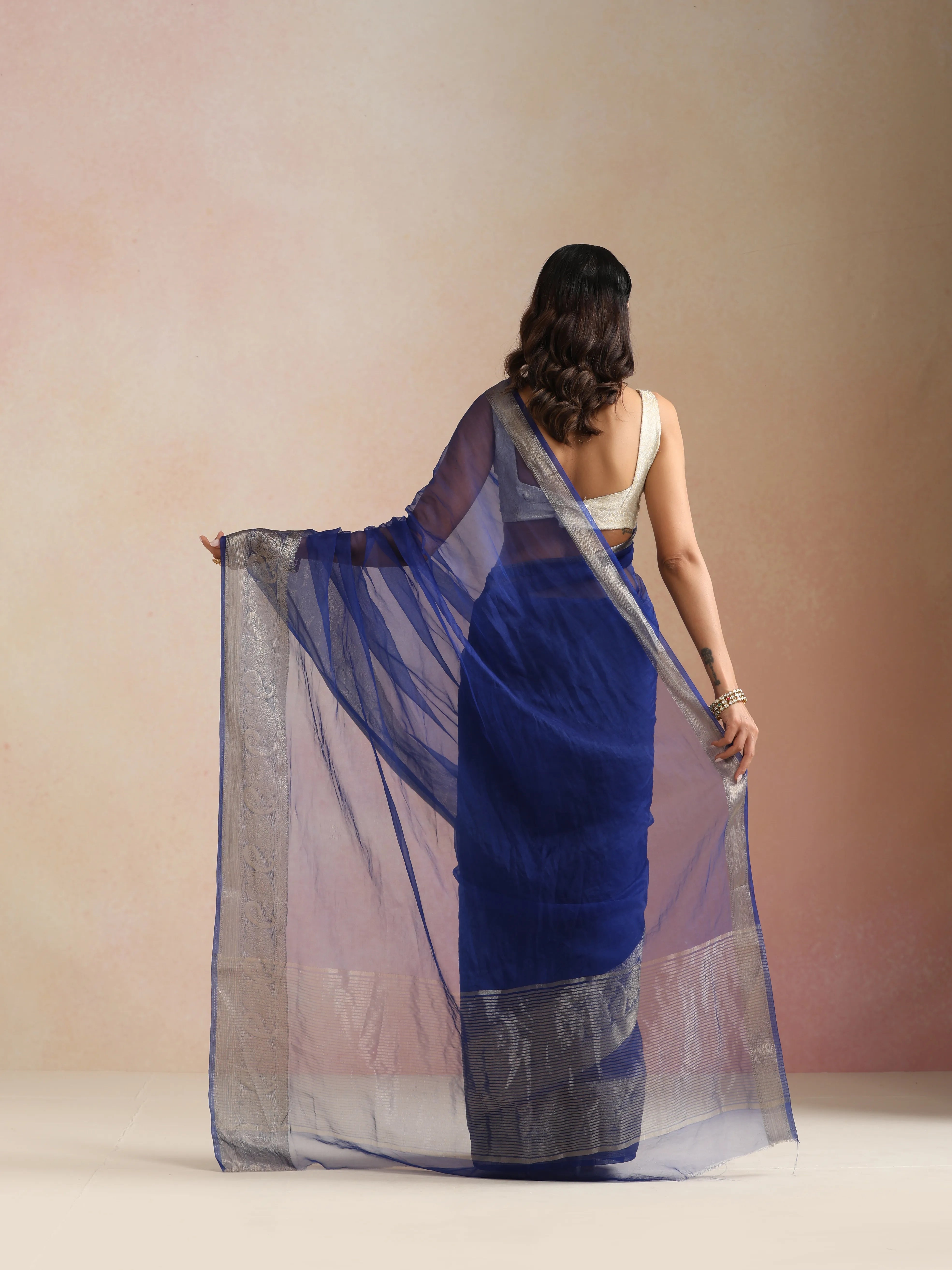 trueBrowns Electric Blue Organza Saree With Unstitched Blouse