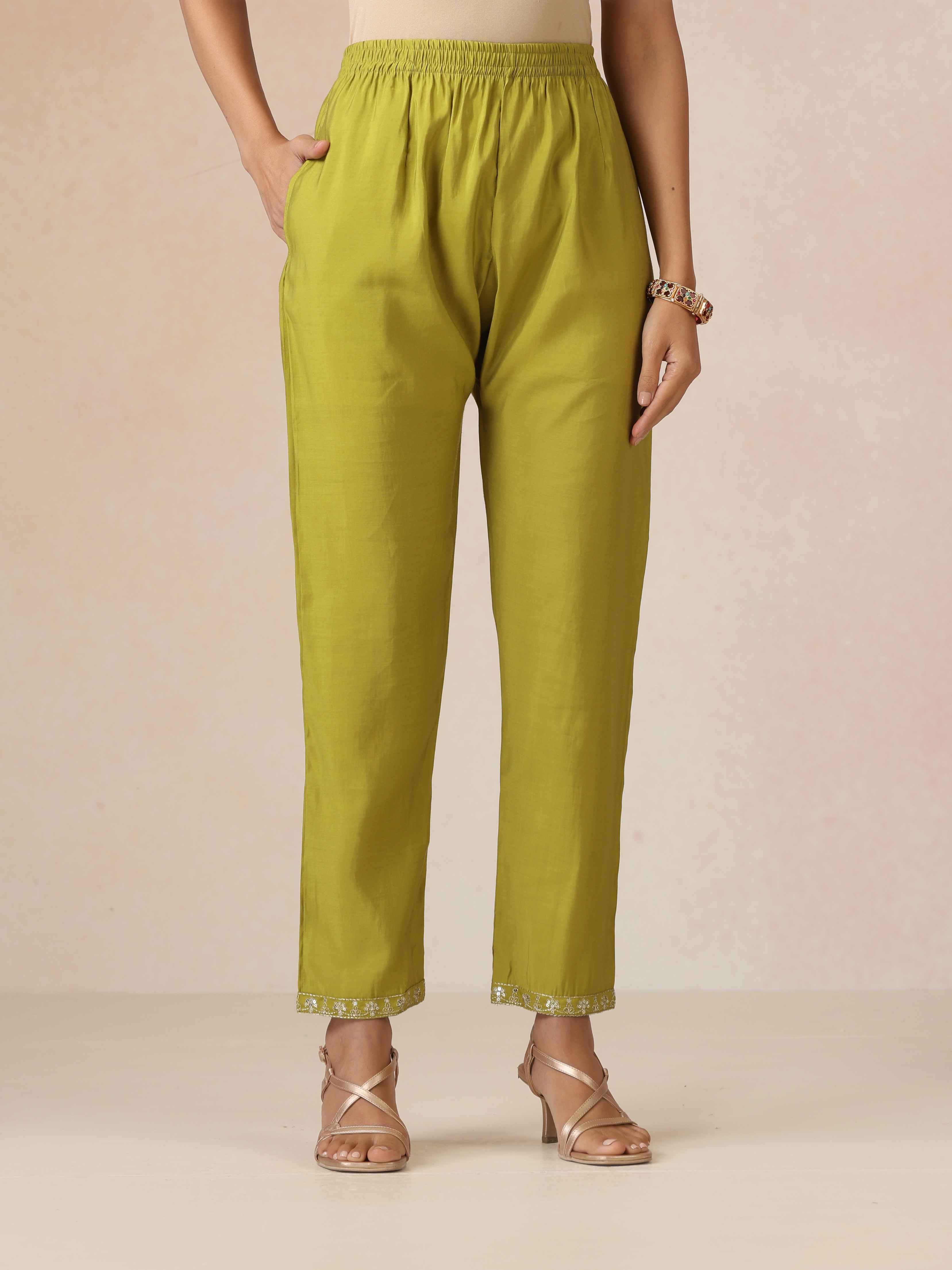 trueBrowns Green Zari Embroidered Straight Kurta 3pc Set