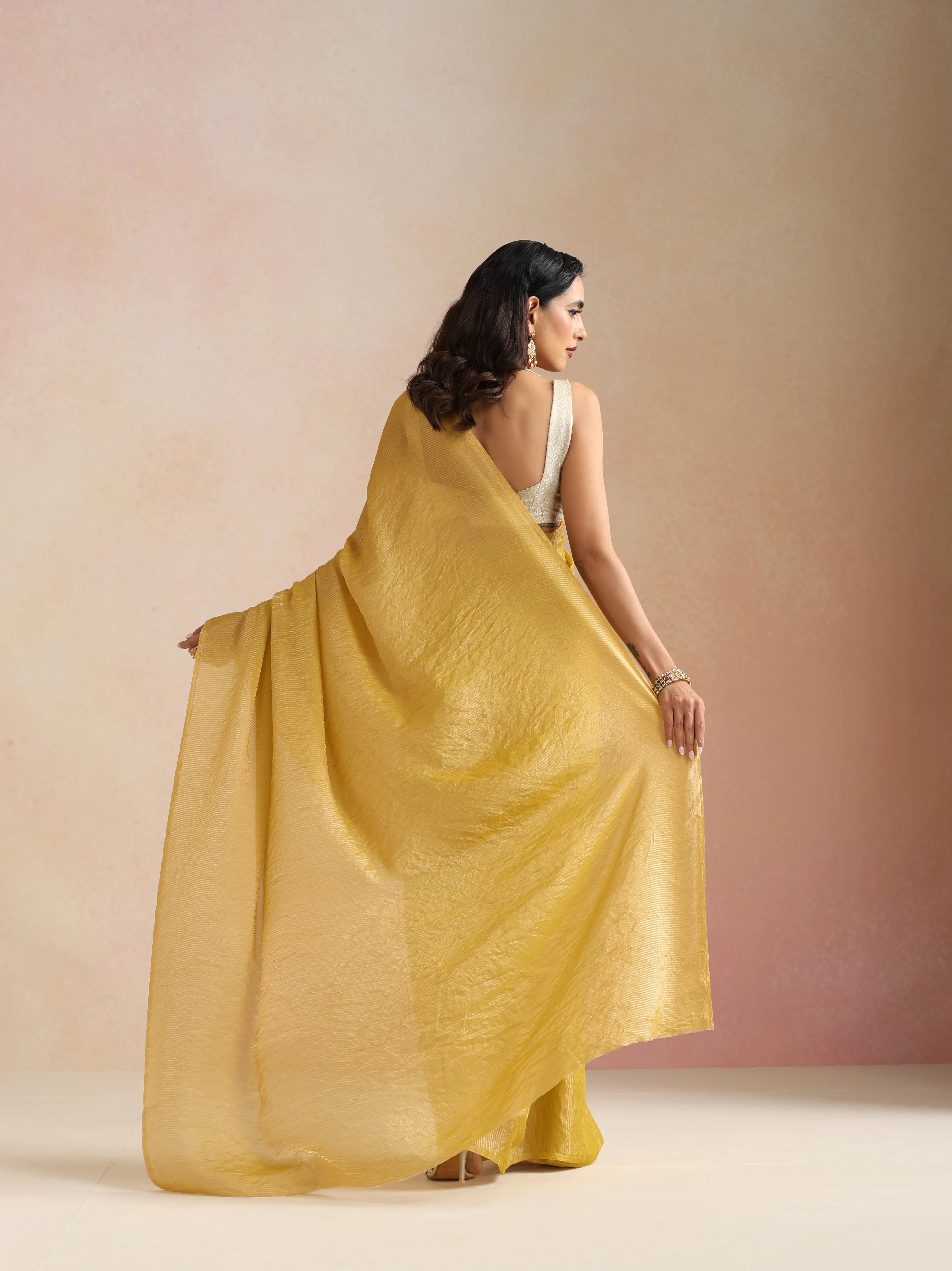 trueBrowns Mustard Tissue Stripe Saree With Unstitched Blouse