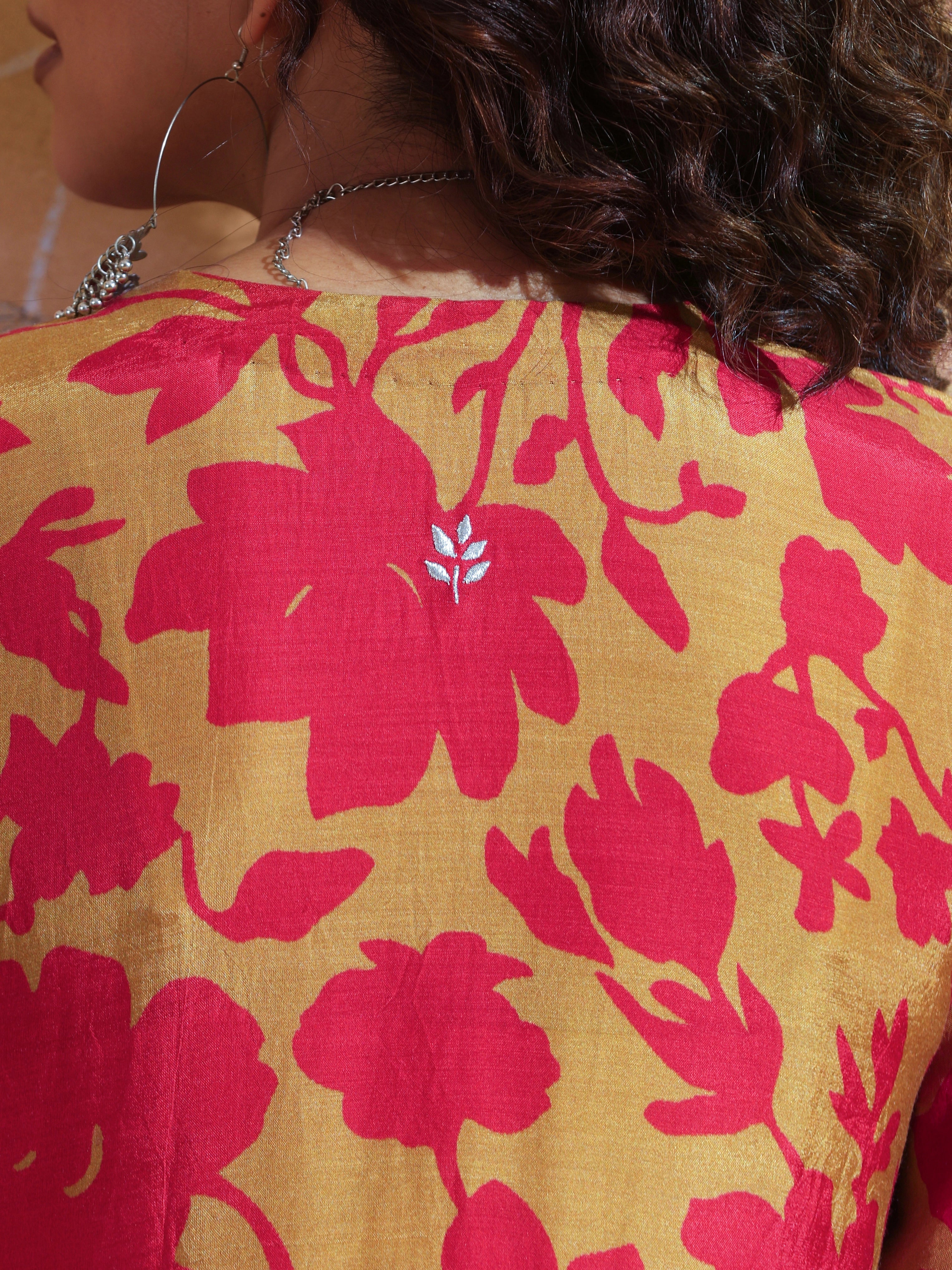 trueBrowns Red Mustard Jaal Print Muslin Silk Anarkali Kurta Set