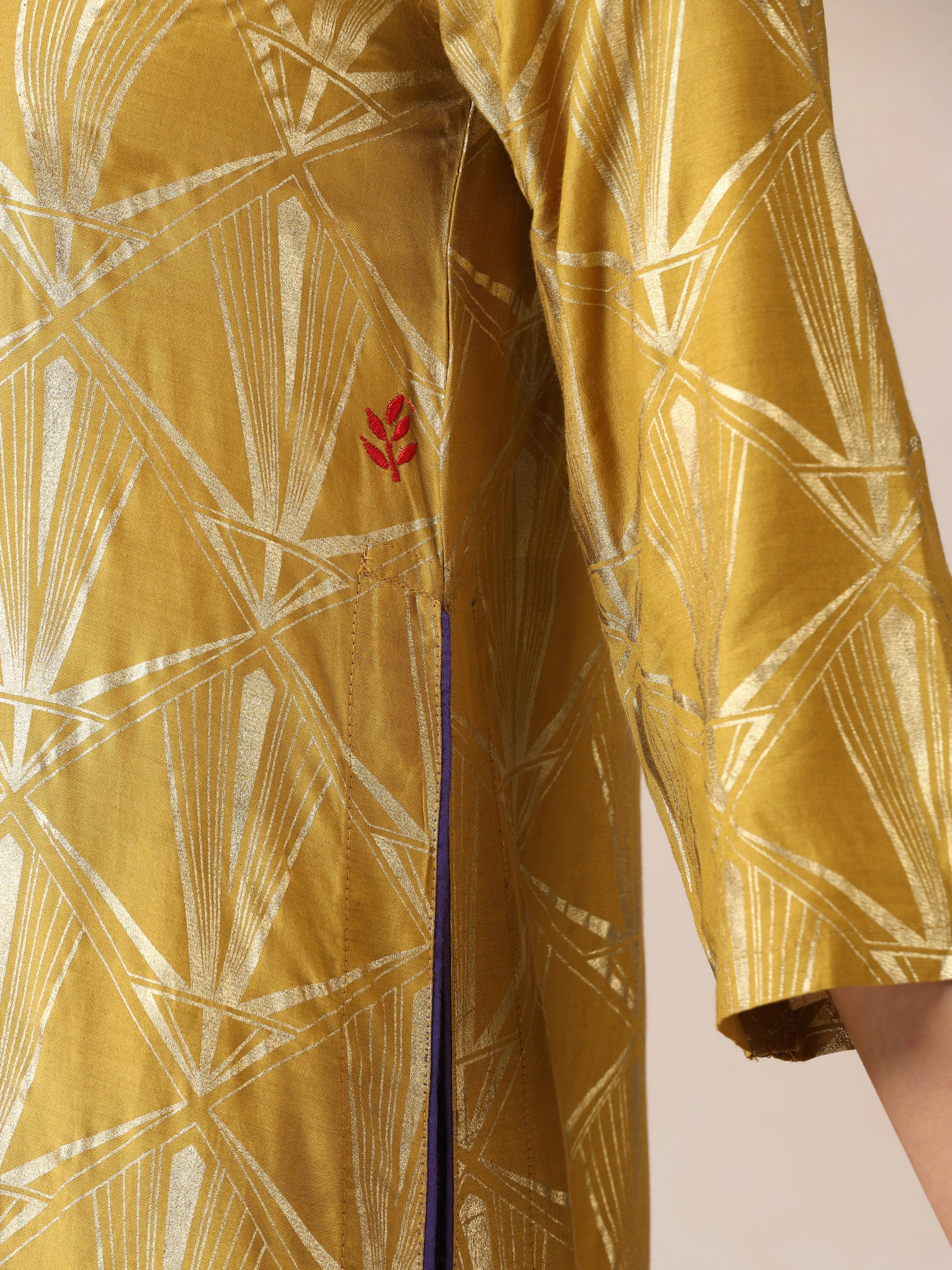 trueBrowns Mustard Gold Foil Print Muslin Silk Straight High-Slit Kurta Set