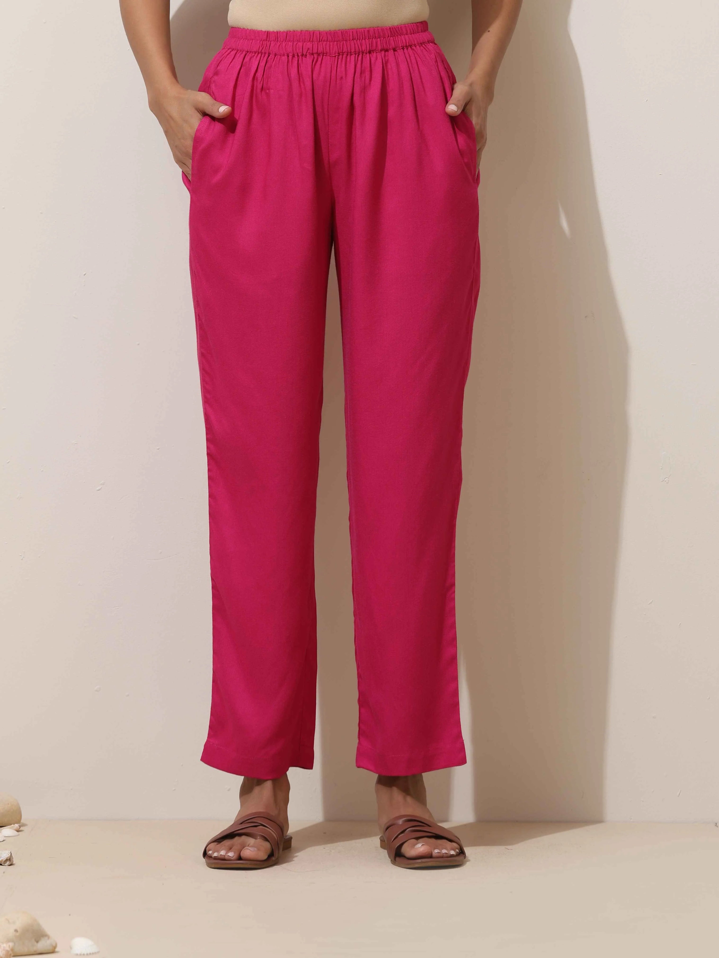 trueBrowns Pink Viscose Kurta Pant Set
