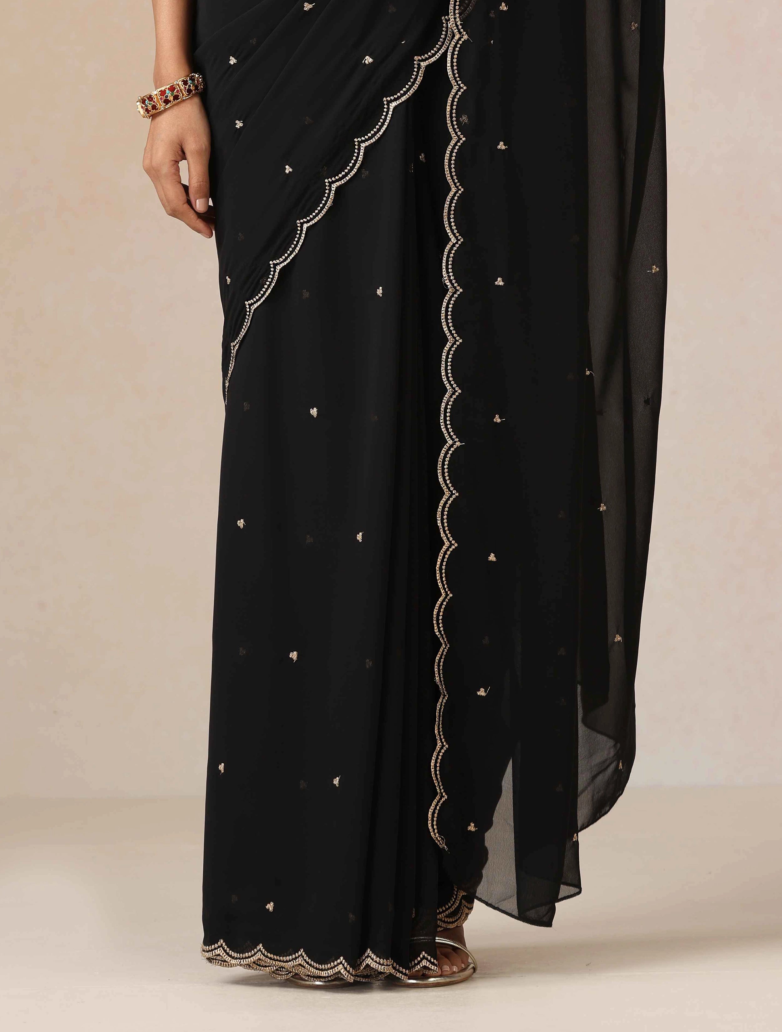 trueBrowns Black Georgette Embroidered Saree With unstitched Blouse