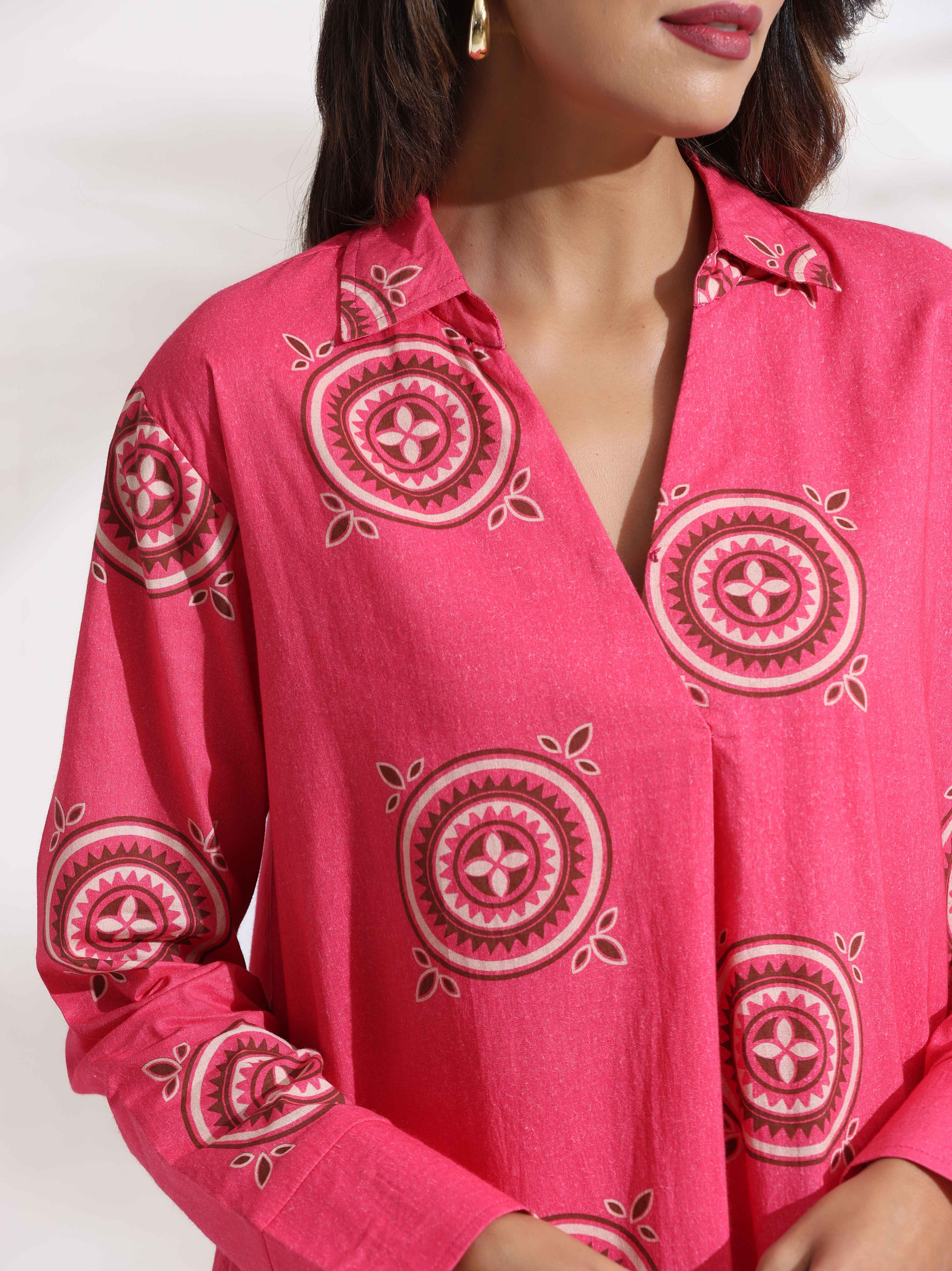 trueBrowns Pink Cotton Print A-line Dress