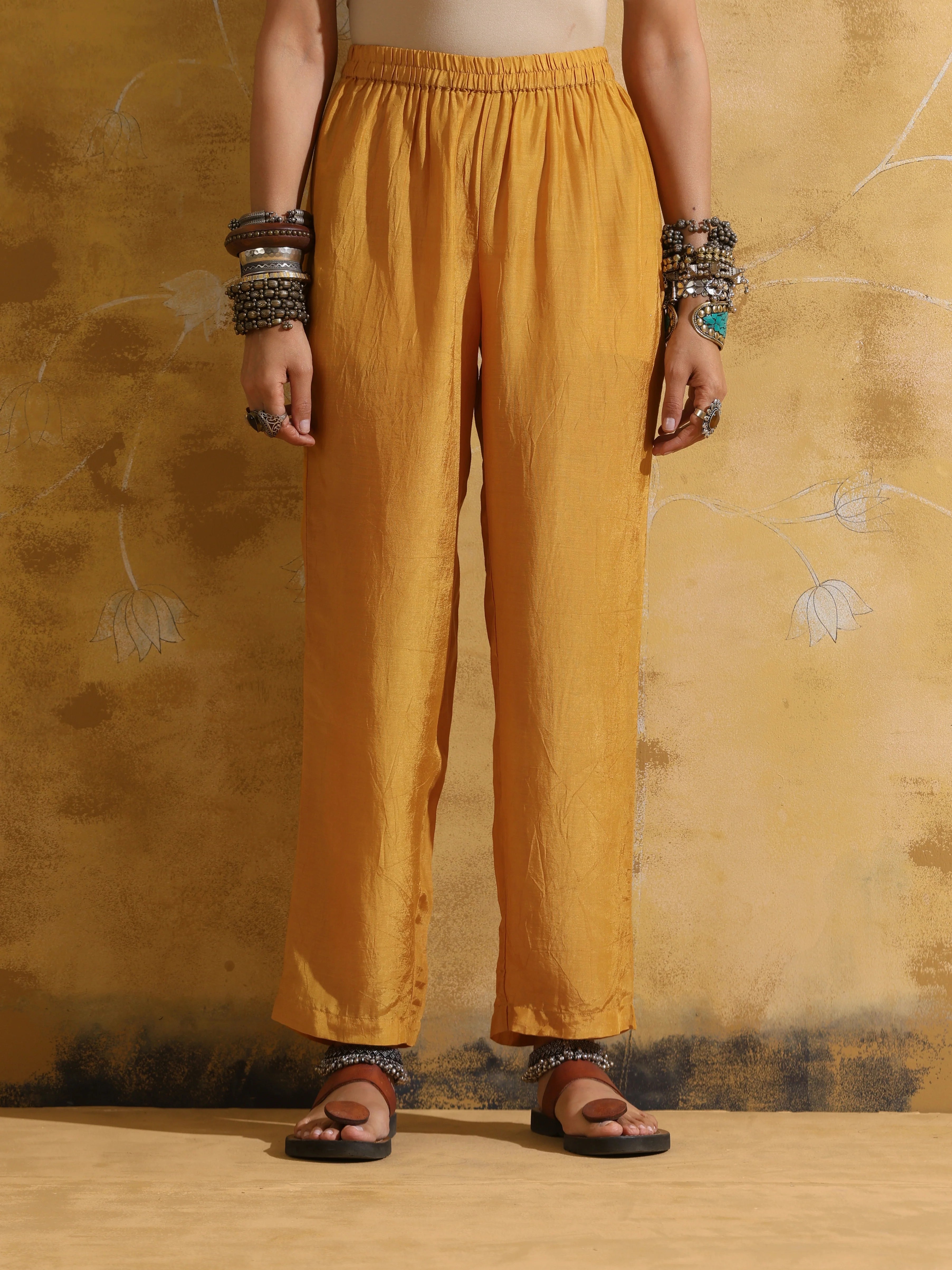 trueBrowns Mustard Muslin Silk A-line Kurta Pant Set