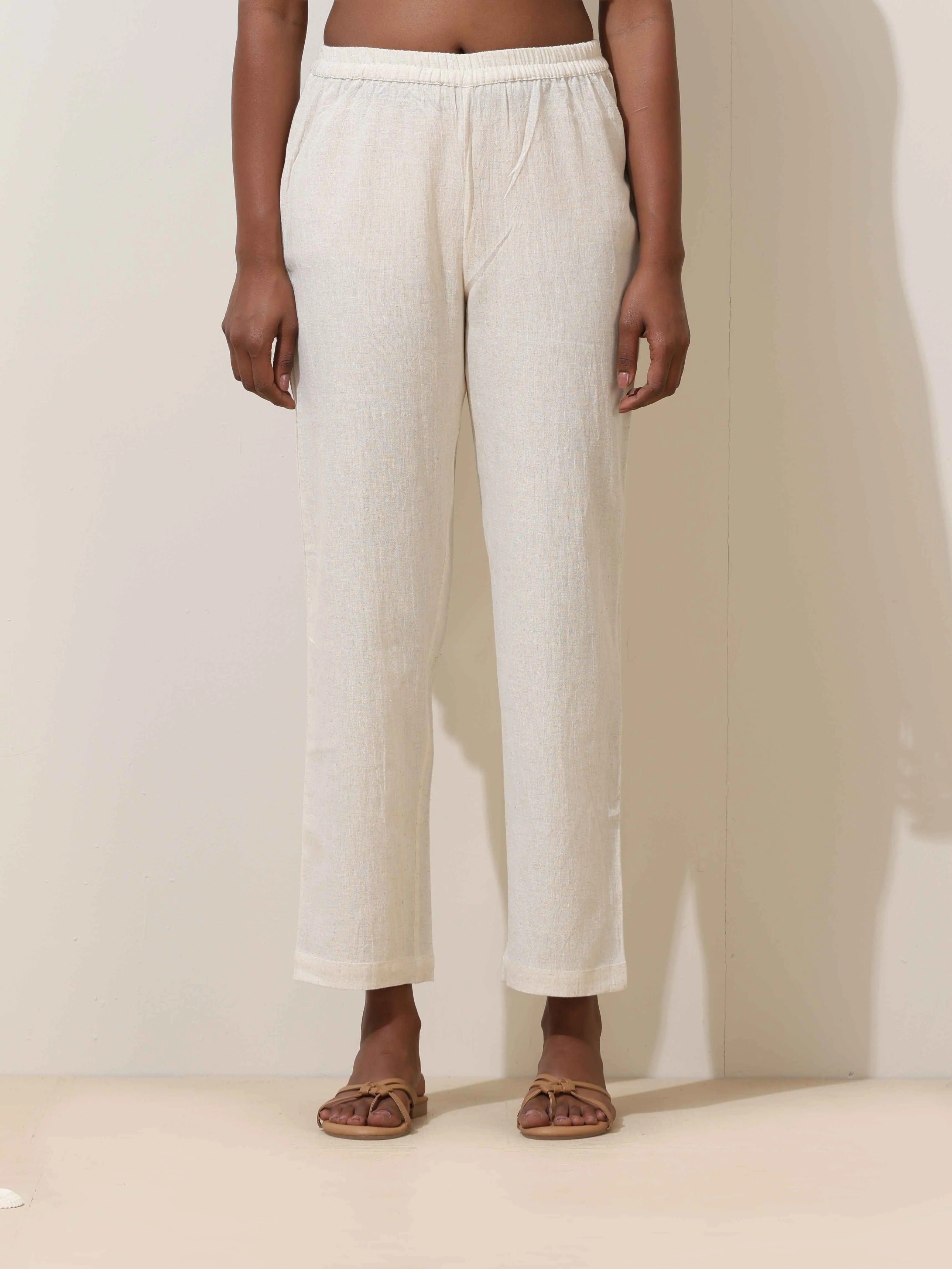 trueBrowns Off-White Cotton Linen Kurta Co-Ord Set