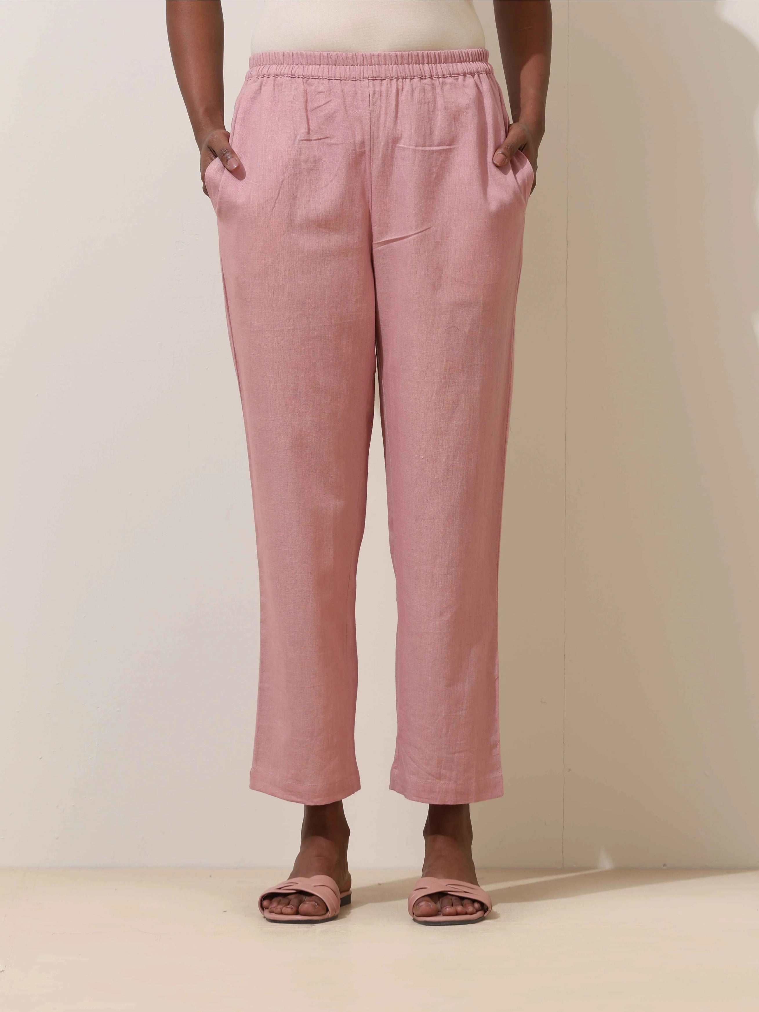 trueBrowns Pink Cotton Linen Kurta Co-Ord Set