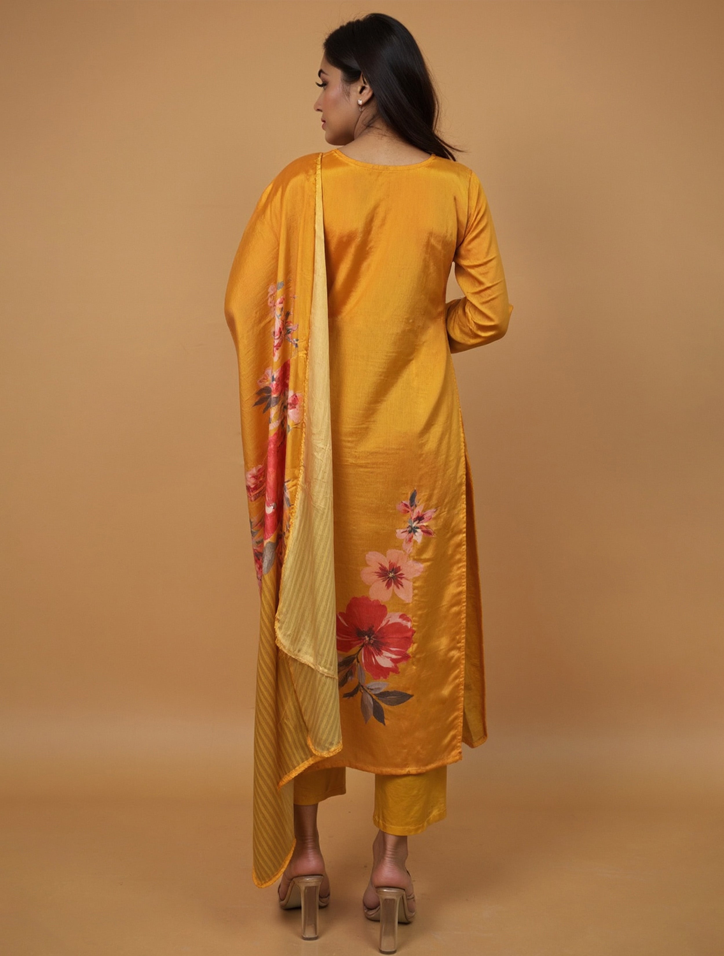 trueBrowns Yellow Floral V-Neck Emb Straight Kurta Pant Dupatta Set