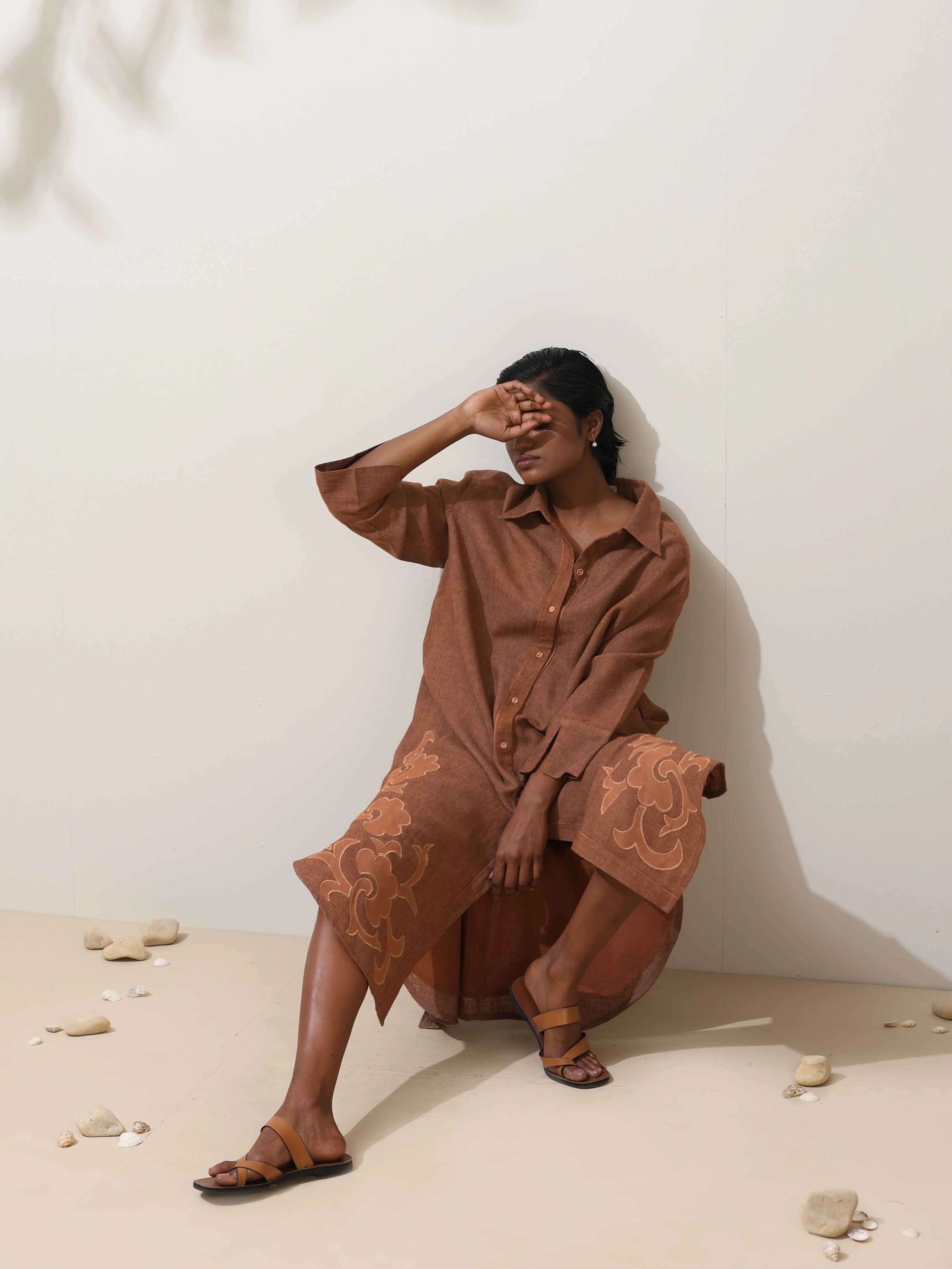 trueBrowns Sierra Brown Embroidered Natural Cotton Dress