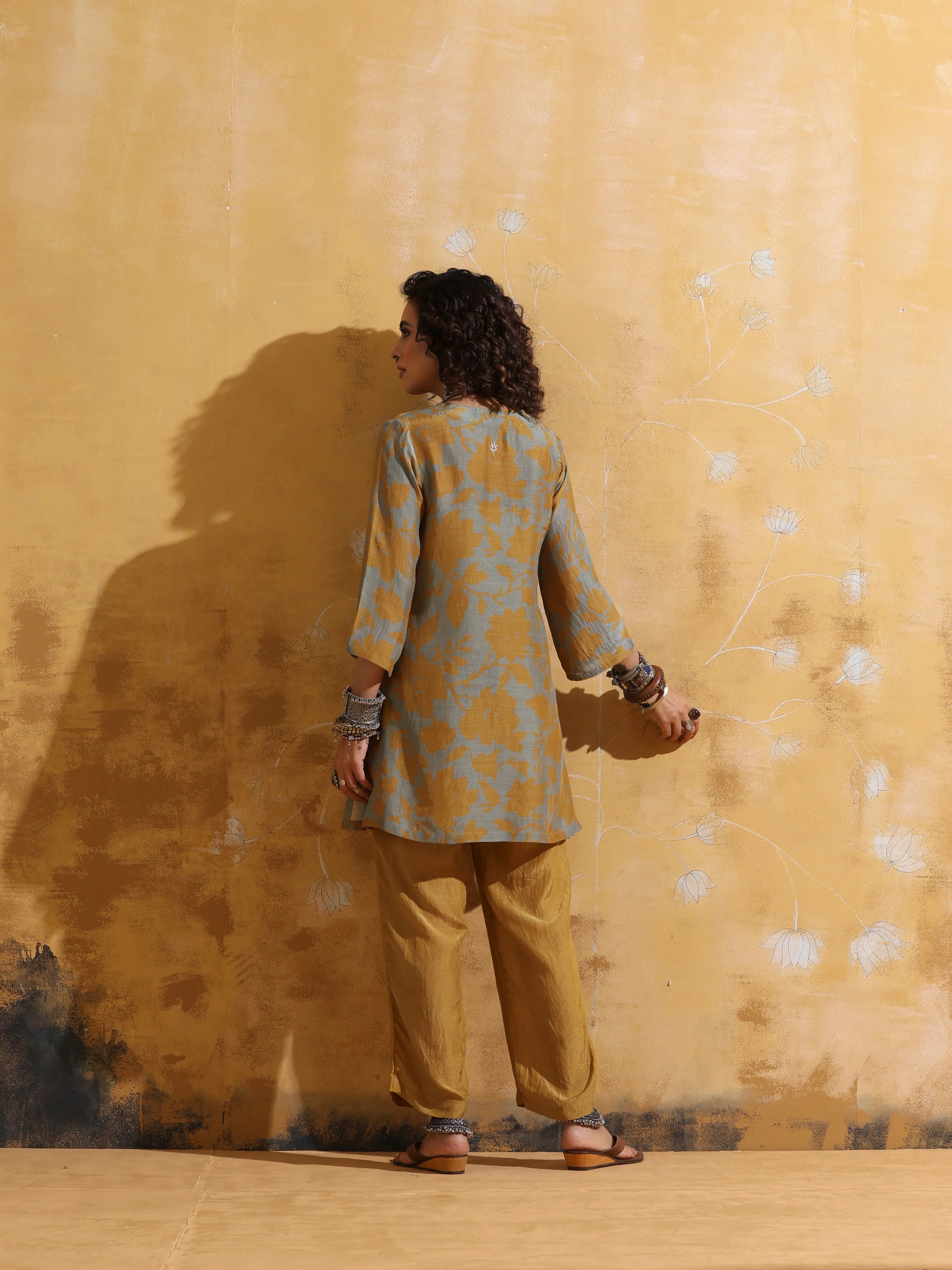 trueBrowns Mint Mustard Jaal Print Muslin Silk Co-ord Set