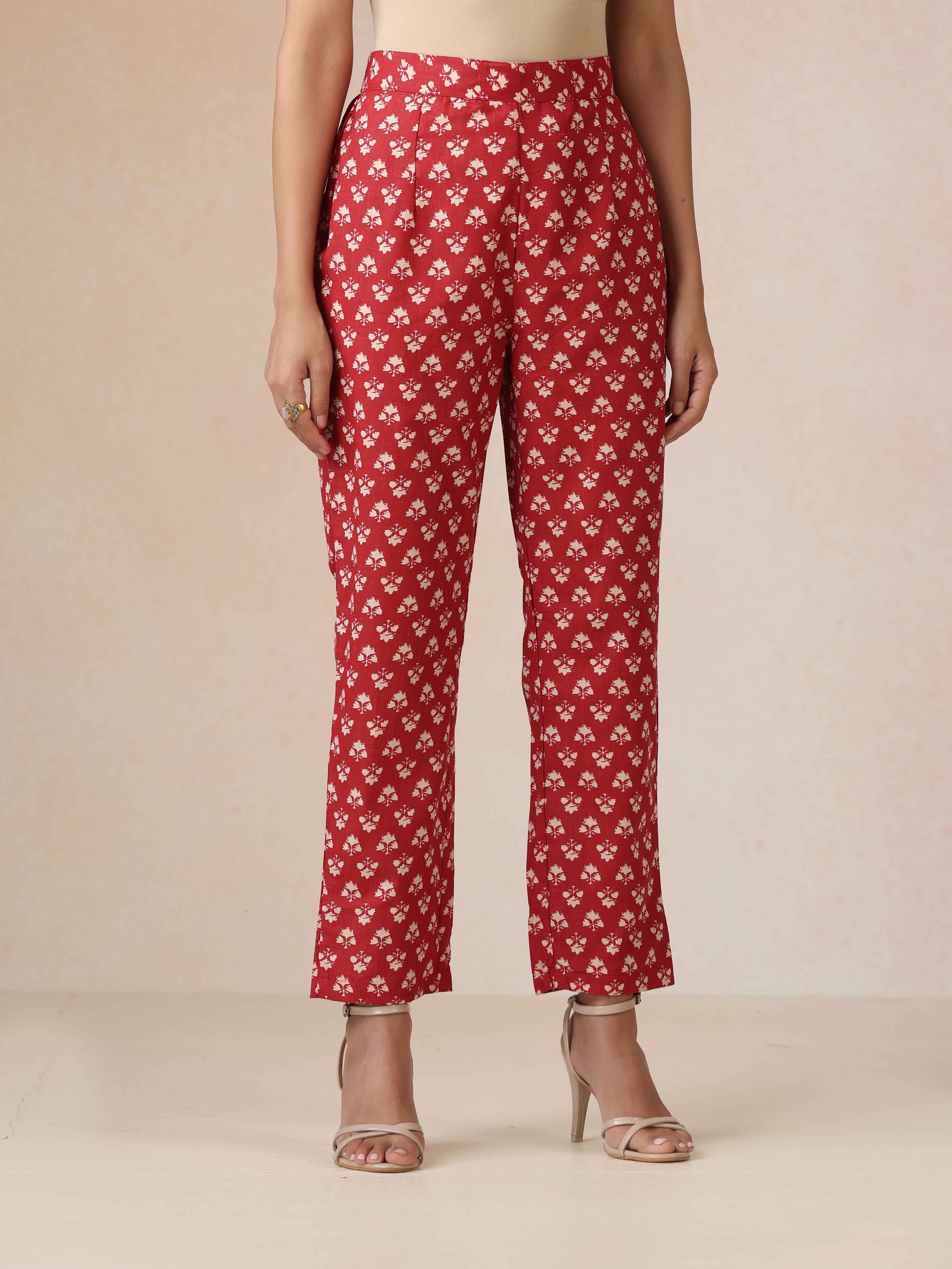 trueBrowns Red Cotton Print A Line Kurta 3pc Set