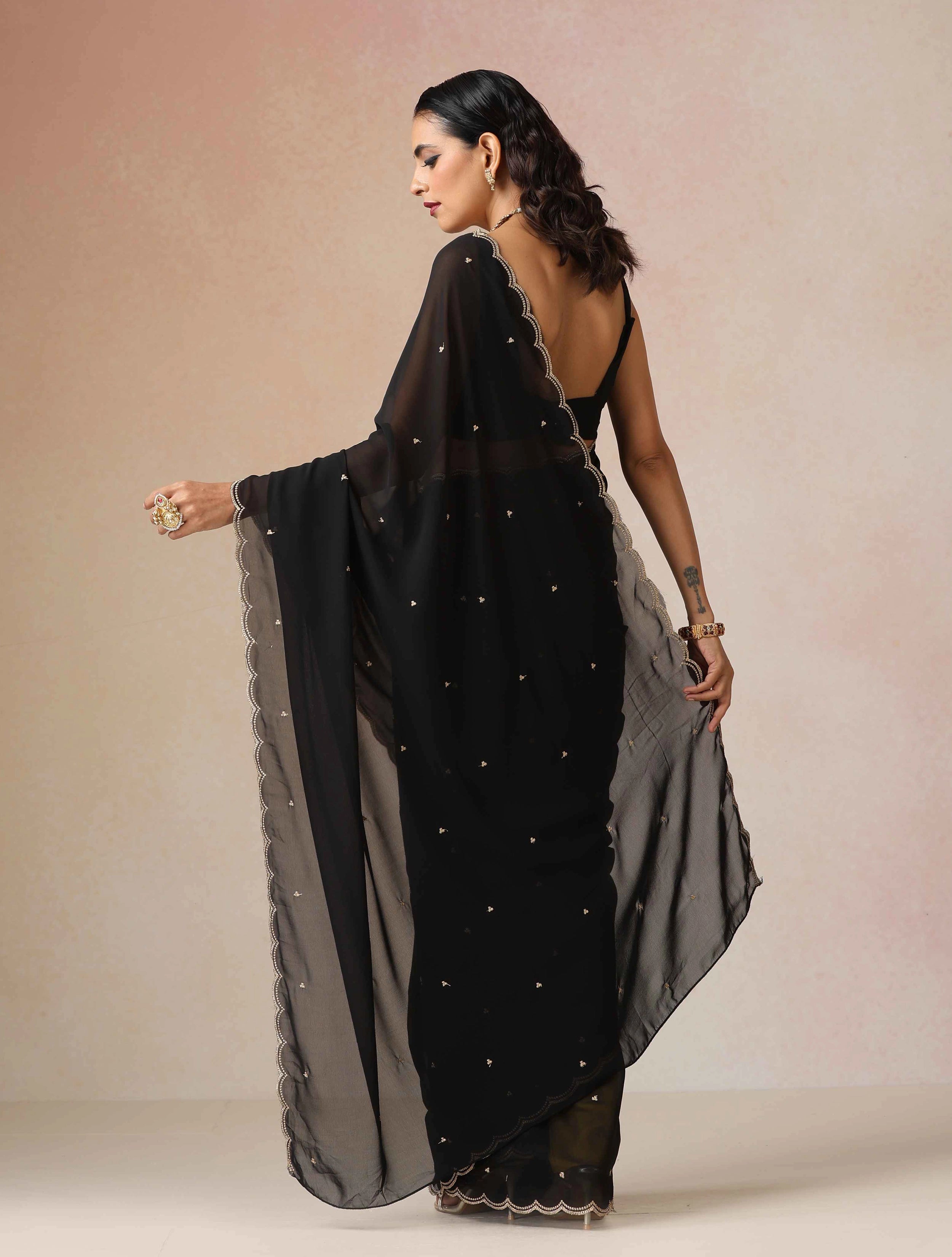 trueBrowns Black Georgette Embroidered Saree With unstitched Blouse