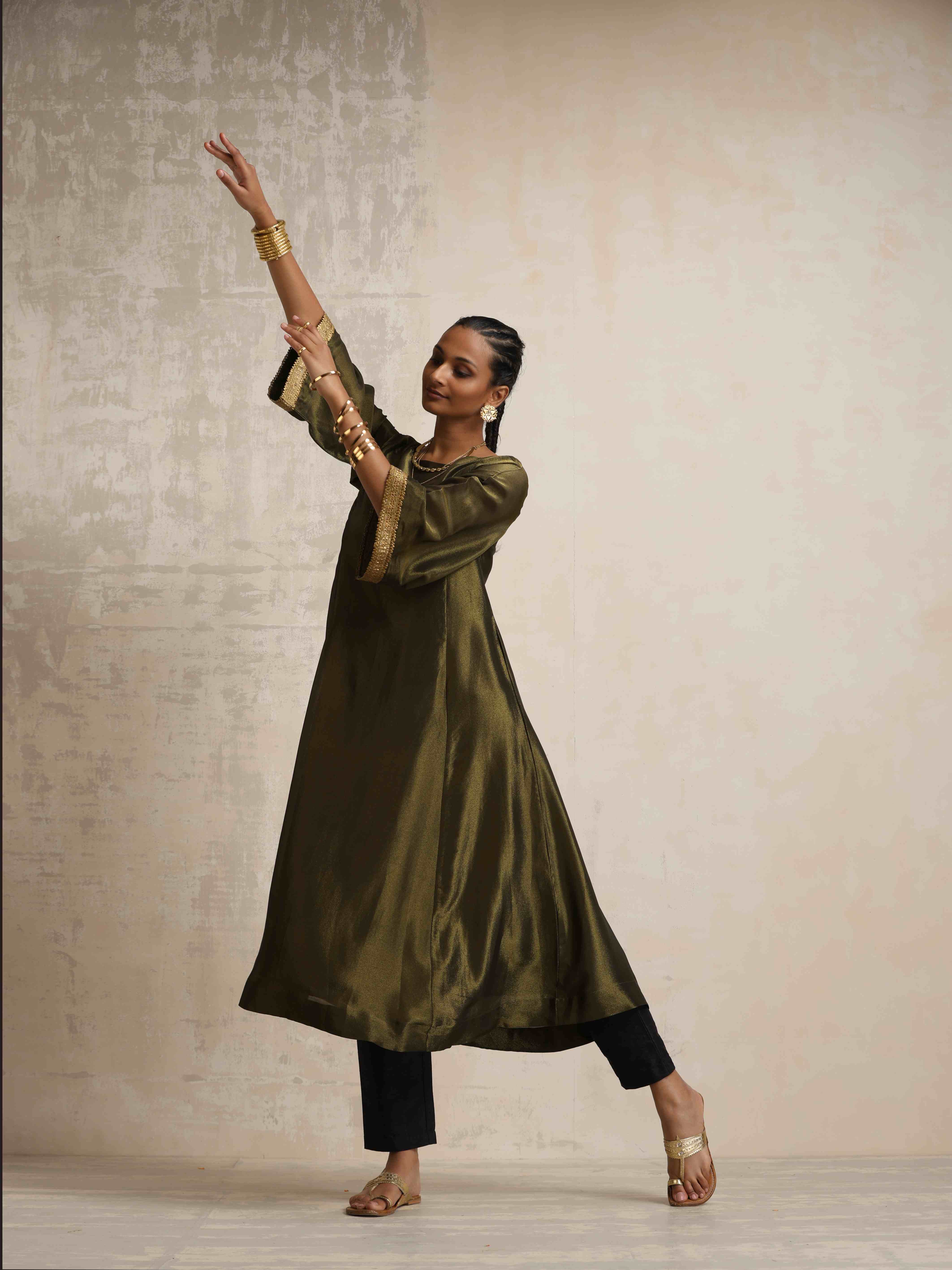 trueBrowns Olive Green Tissue Flared Anarkali Kurta Set