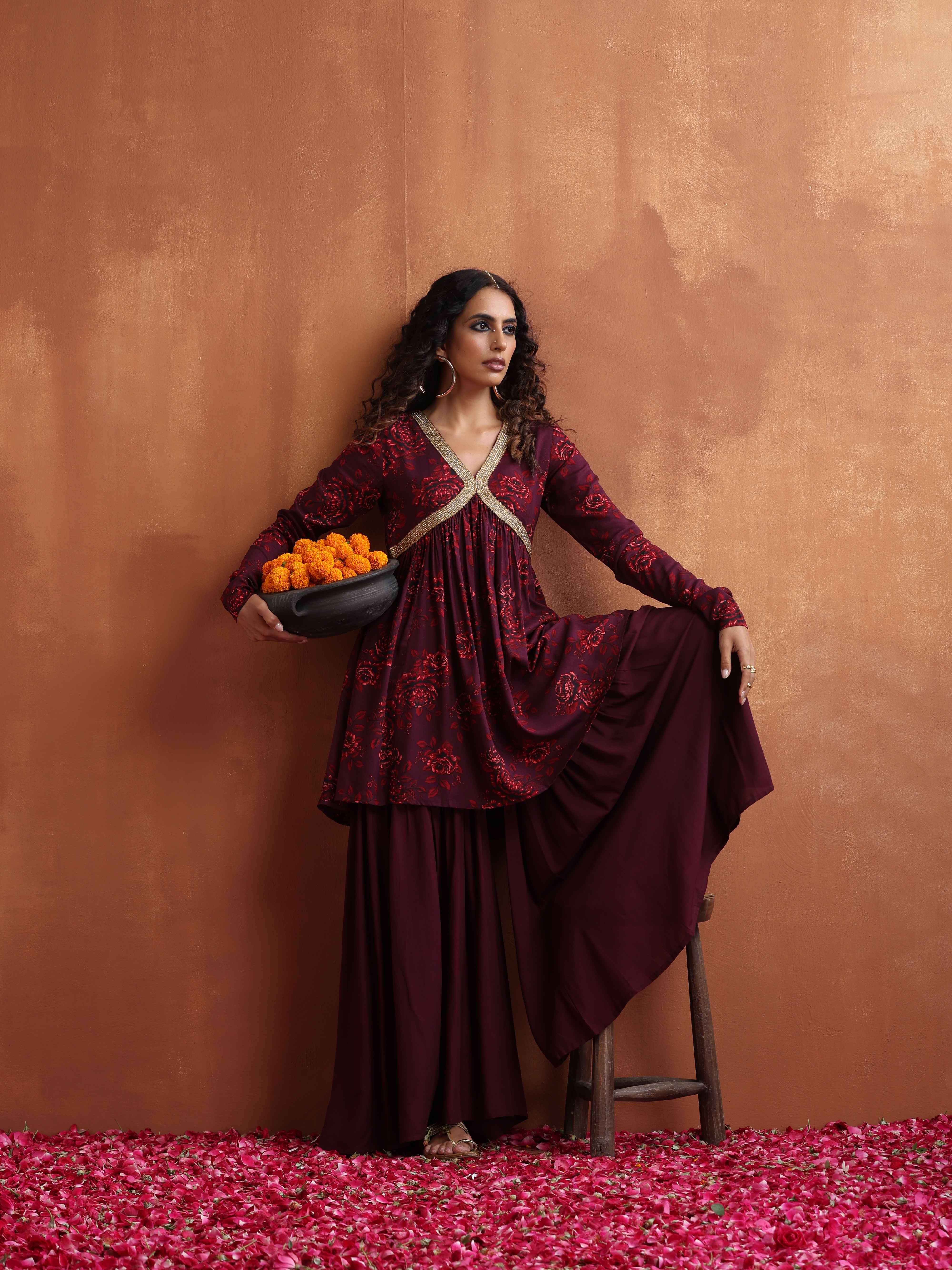 trueBrowns Purple Floral Print Sharara Set