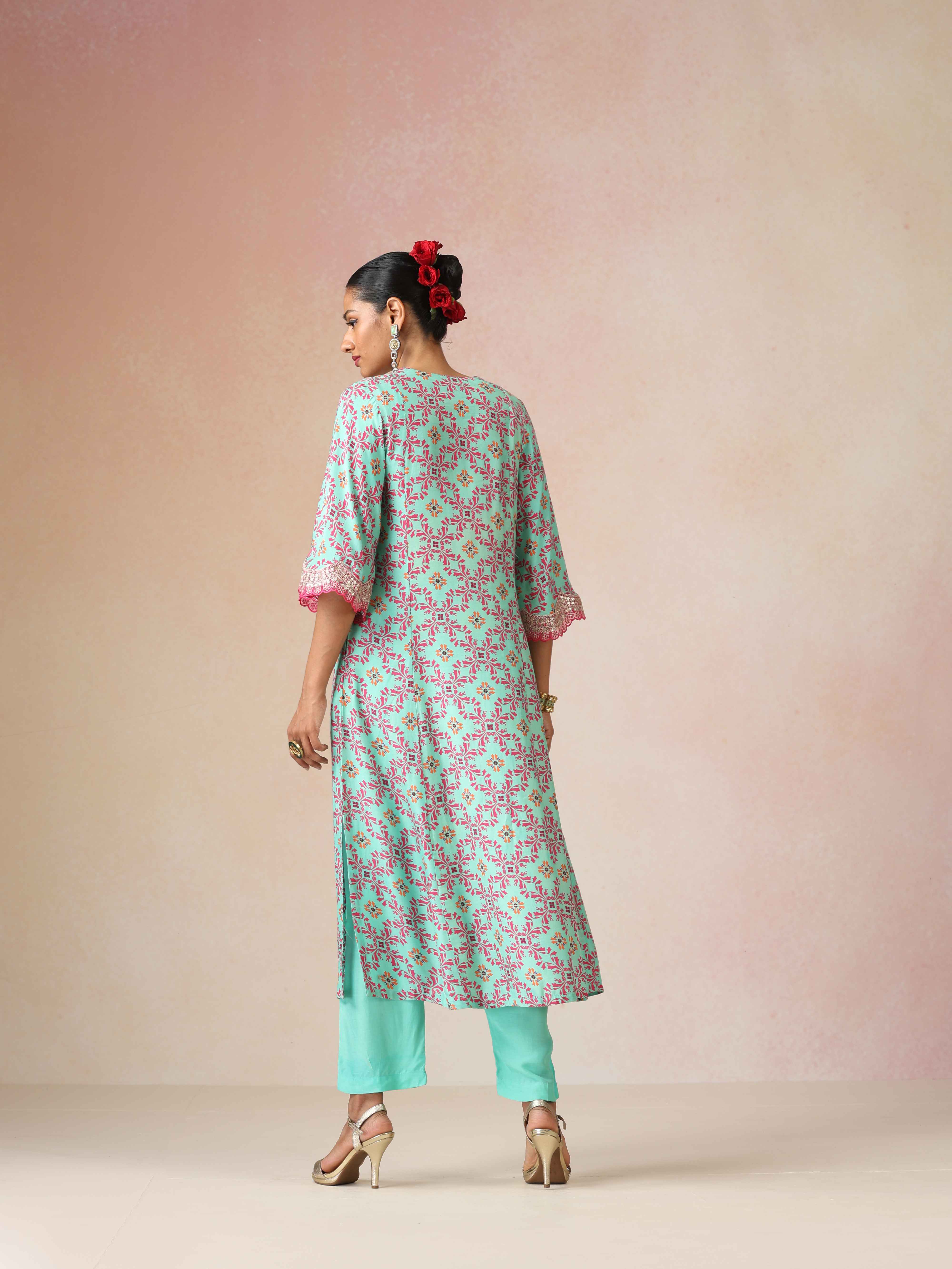trueBrowns Mint Pink Jaal Print Viscose A-line Kurta Set