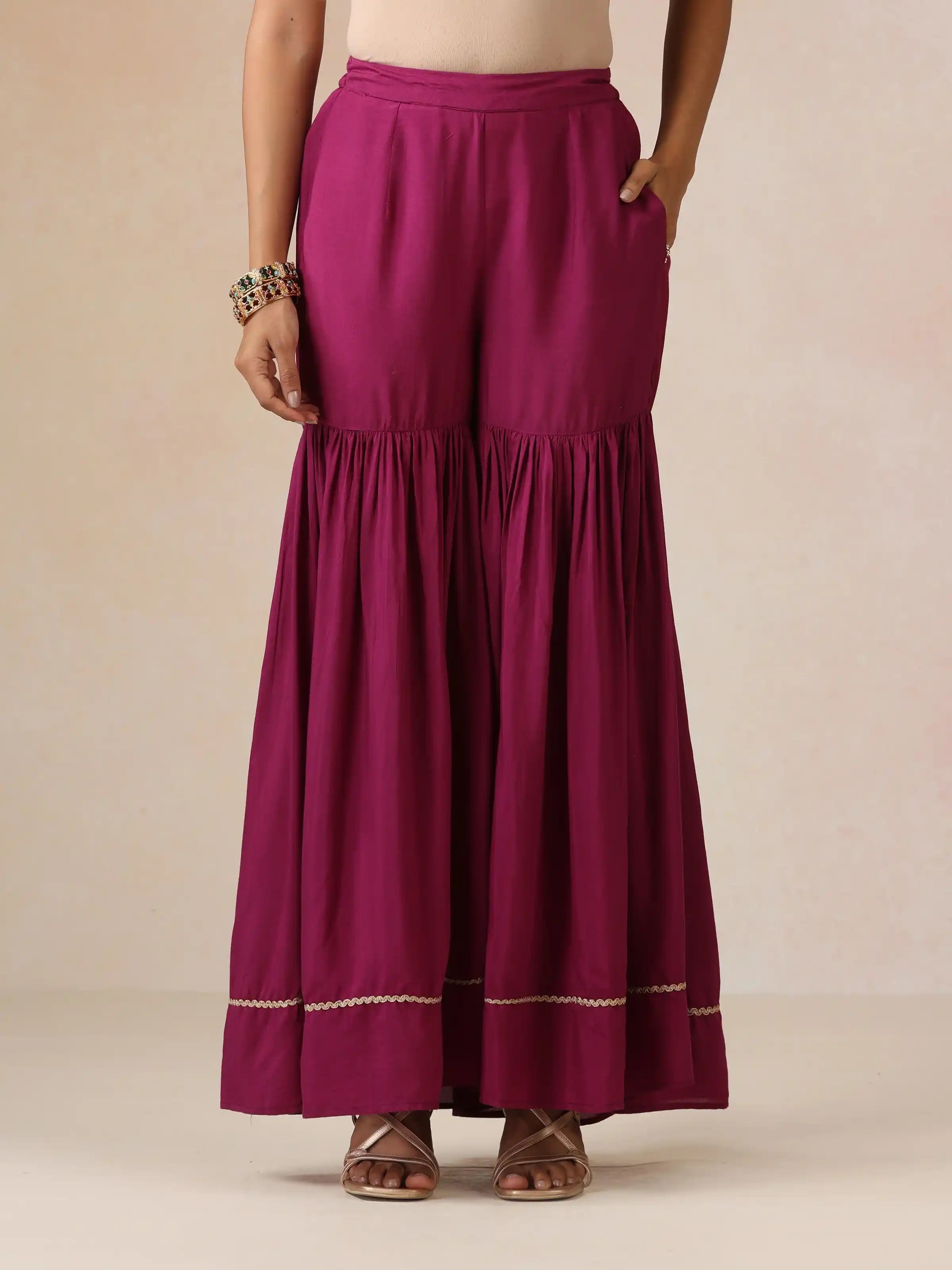 trueBrowns Magenta Gold Foil Print Muslin Silk Sharara Set