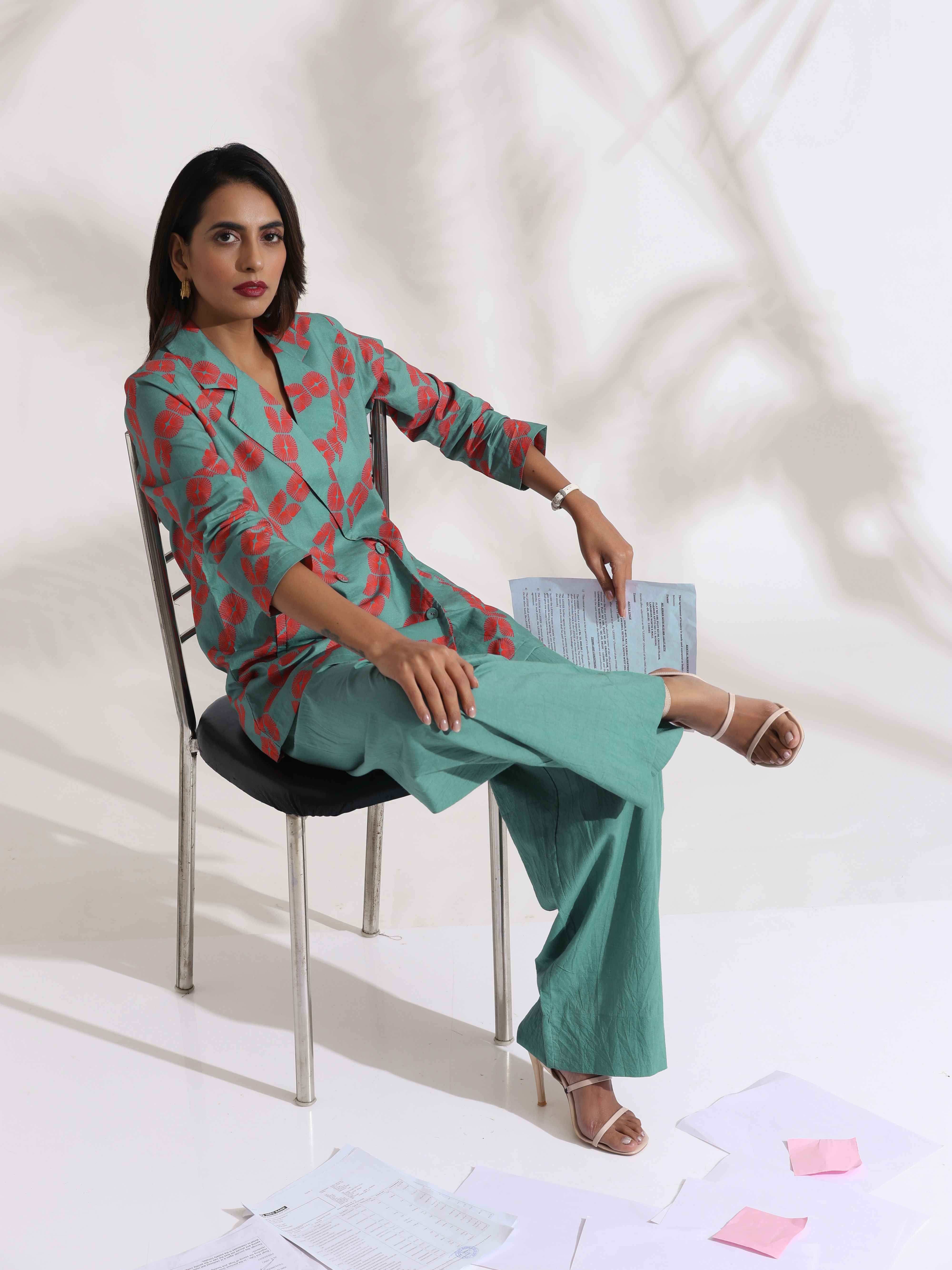 trueBrowns Green Cotton Print Jacket Top Co-ord Set