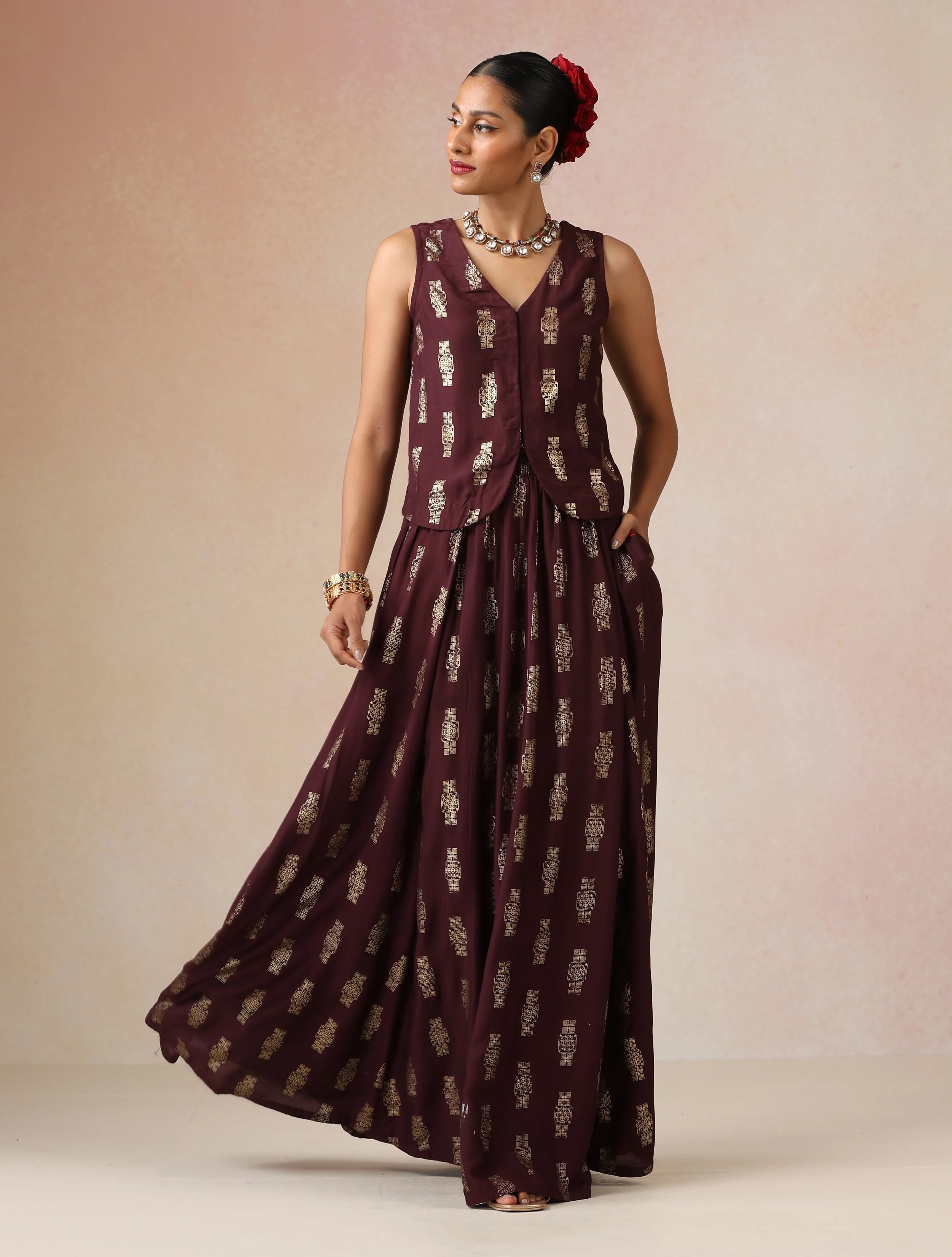 trueBrowns Cola Gold Foil Print Muslin Silk Jacket Skirt Co-ord Set